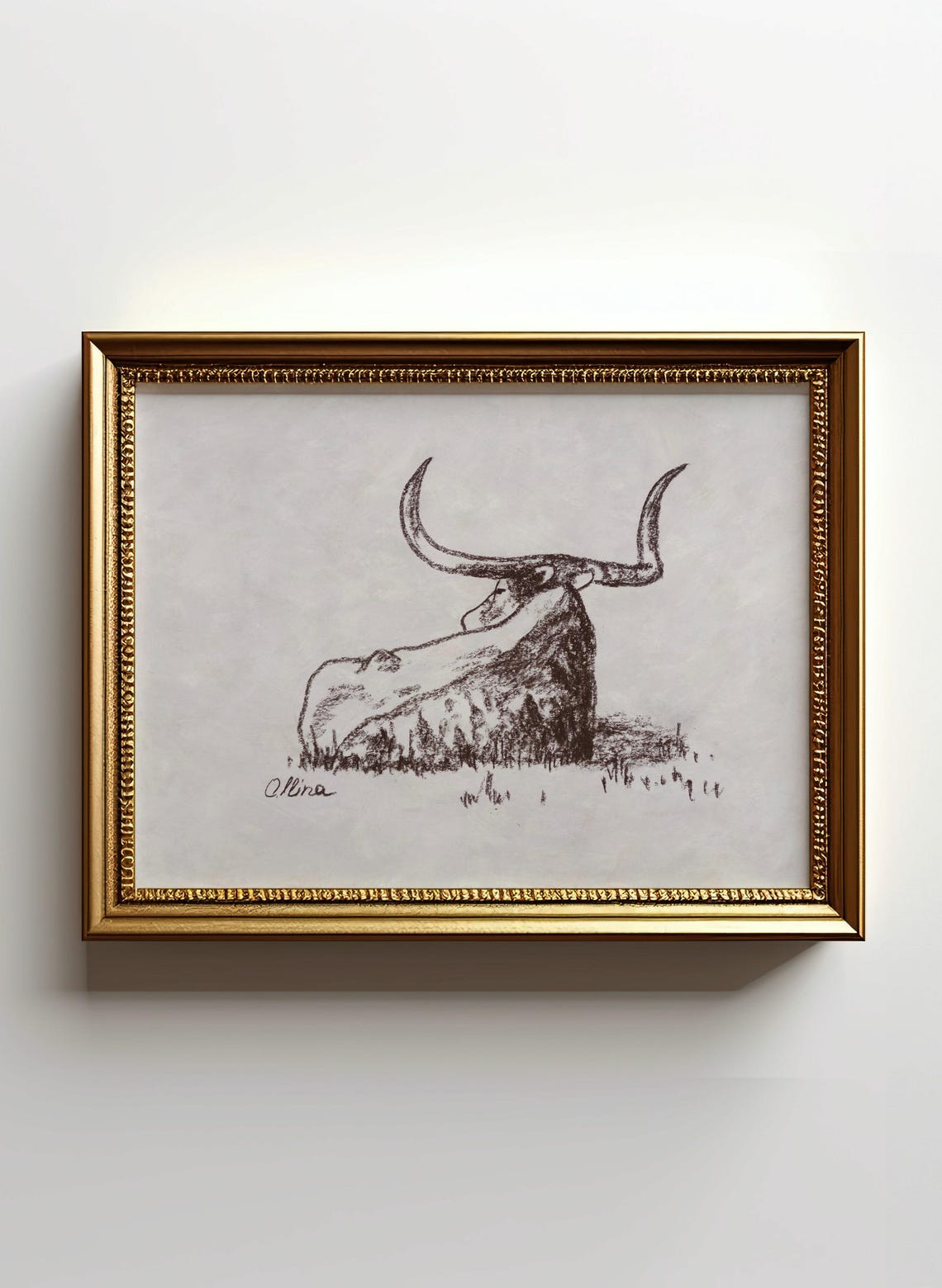Resting Texas Longhorn Charcoal Sketch Western Ranch Decor Poster