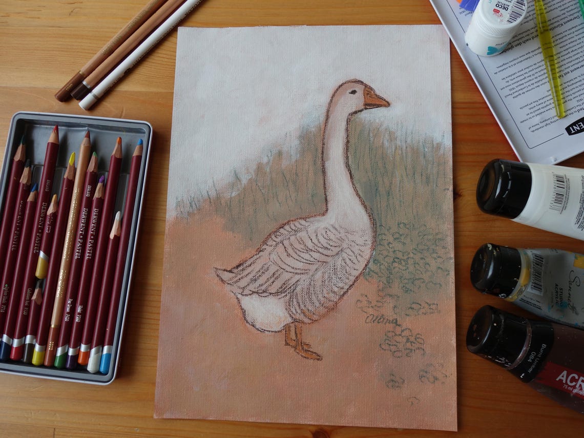 White Goose Standing Tall in a Rustic Meadow Painting Art Poster - Image 2