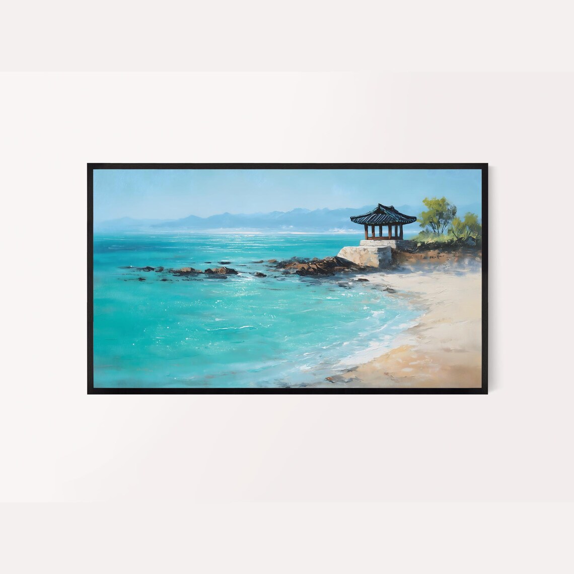 Serene Korean Coastal Pavilion Turquoise Sea Beach Landscape Print