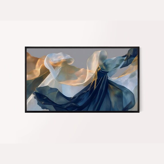 Korean Frame Tv Art Hanbokinspired Abstract Painting Gold And Deep Blue Colors Flowing Layers