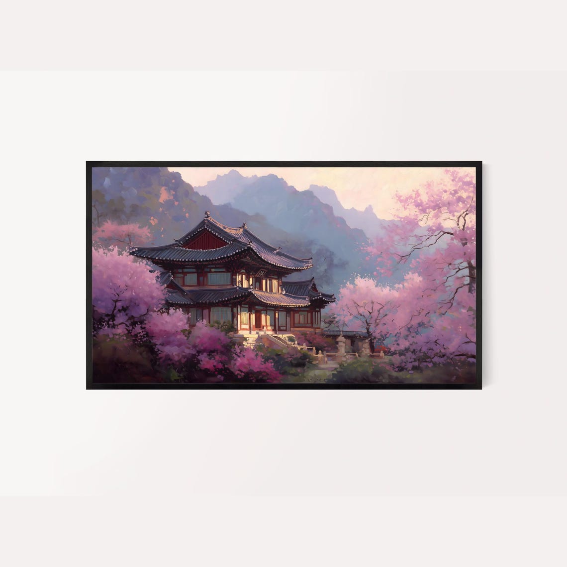 Korean Temple Spring Cherry Blossoms Mountain Mist Serene Art Poster