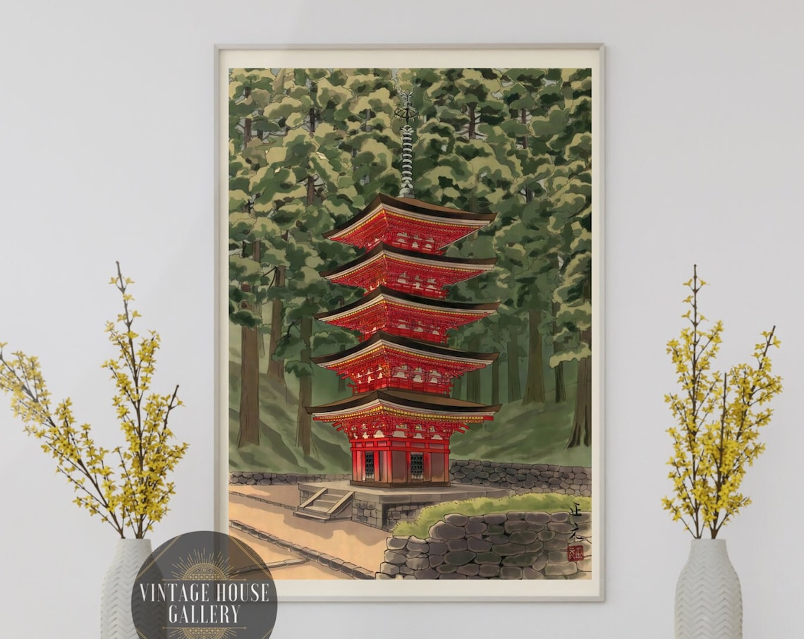 Red Five Storied Pagoda In Forest Japanese Woodblock Art Poster