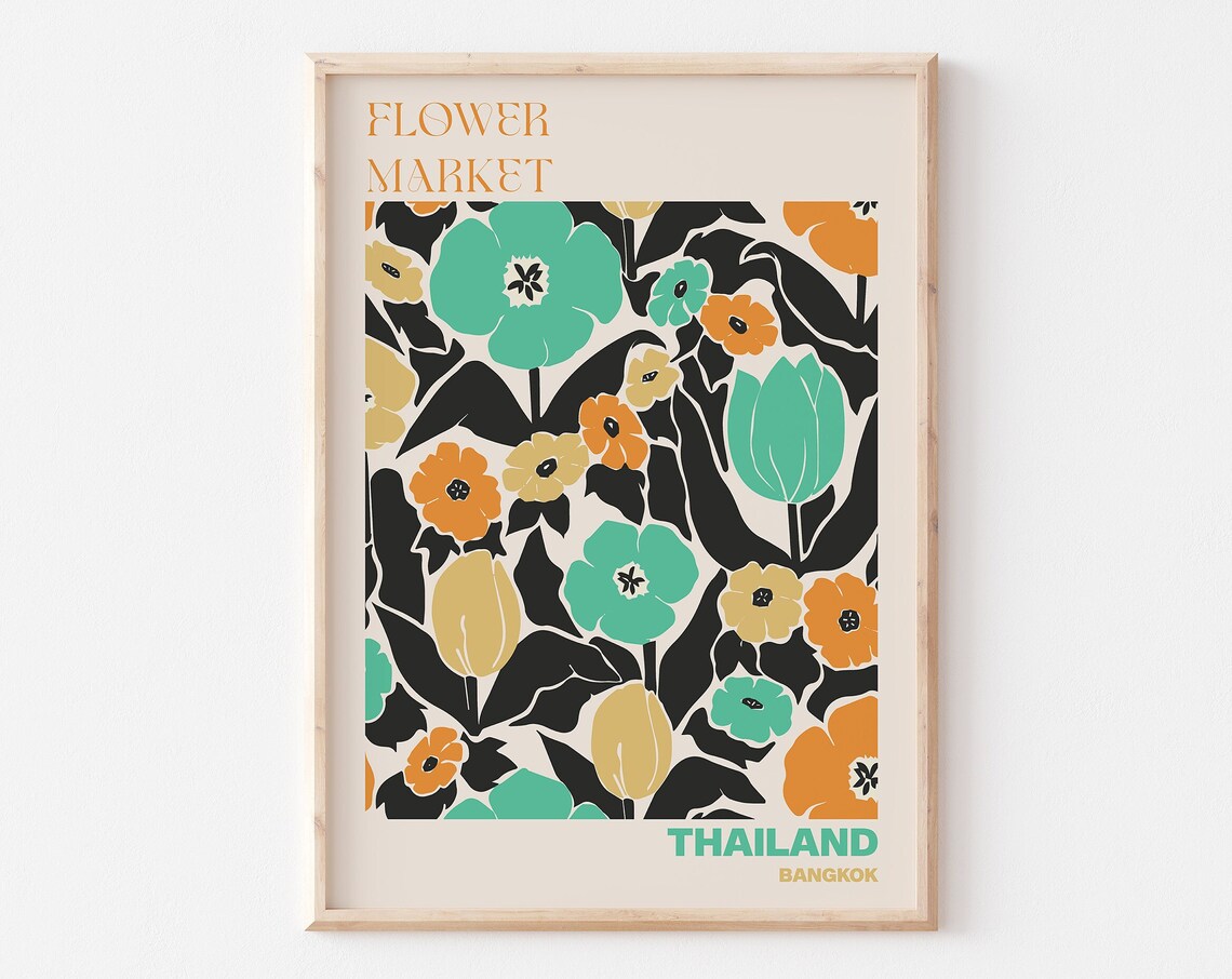 Thailand Flower Market Poster Bangkok Black Mint Floral Artwork