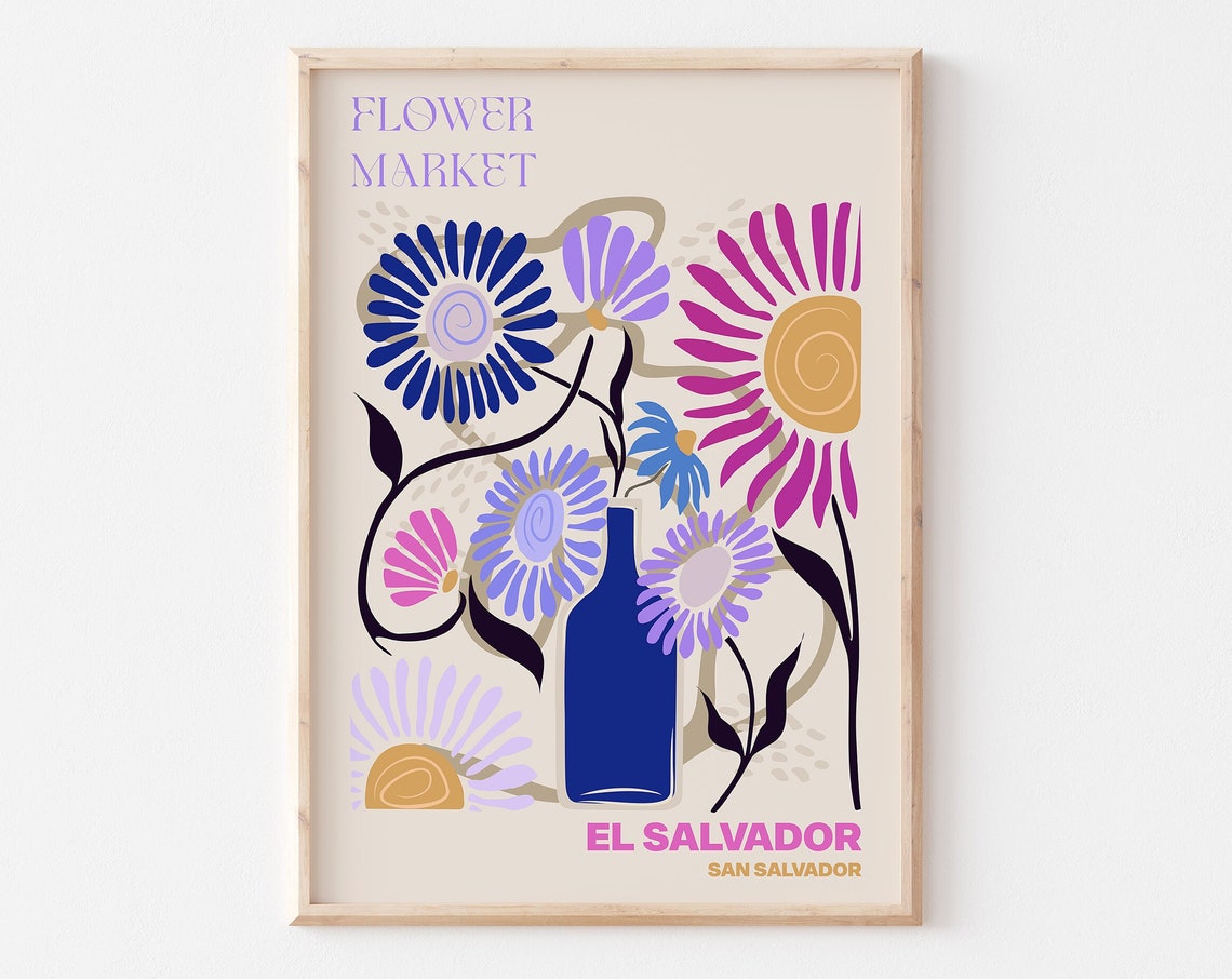 El Salvador Poster El Salvador Wall Art El Salvador Personalised Travel Poster El Salvador Flower Market Print Floral Wall