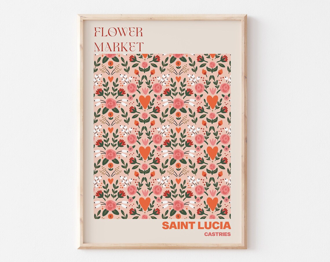 Saint Lucia Flower Market Poster Castries Coral Floral Artwork