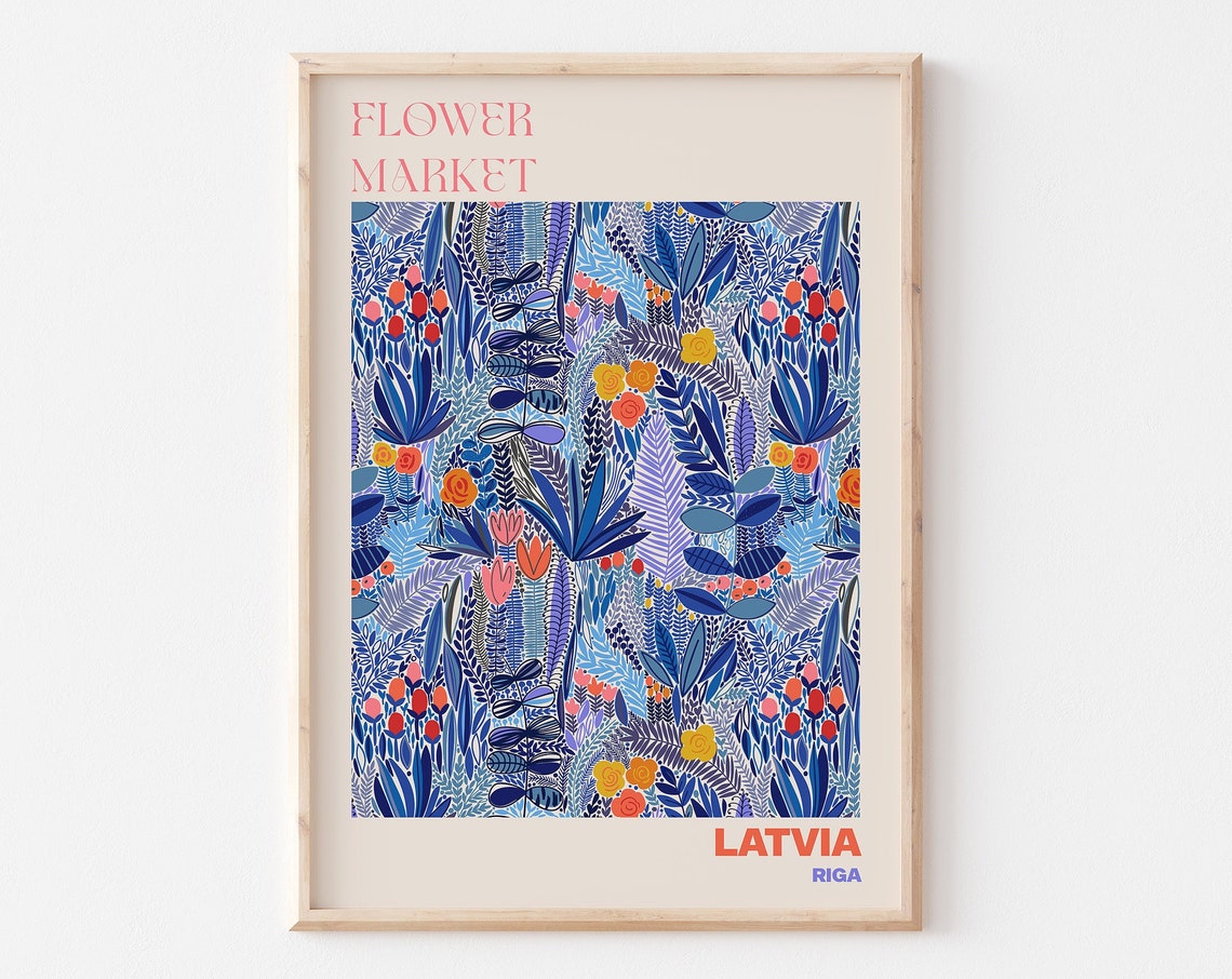 Latvia Flower Market Poster Riga Deep Blue Botanical Artwork