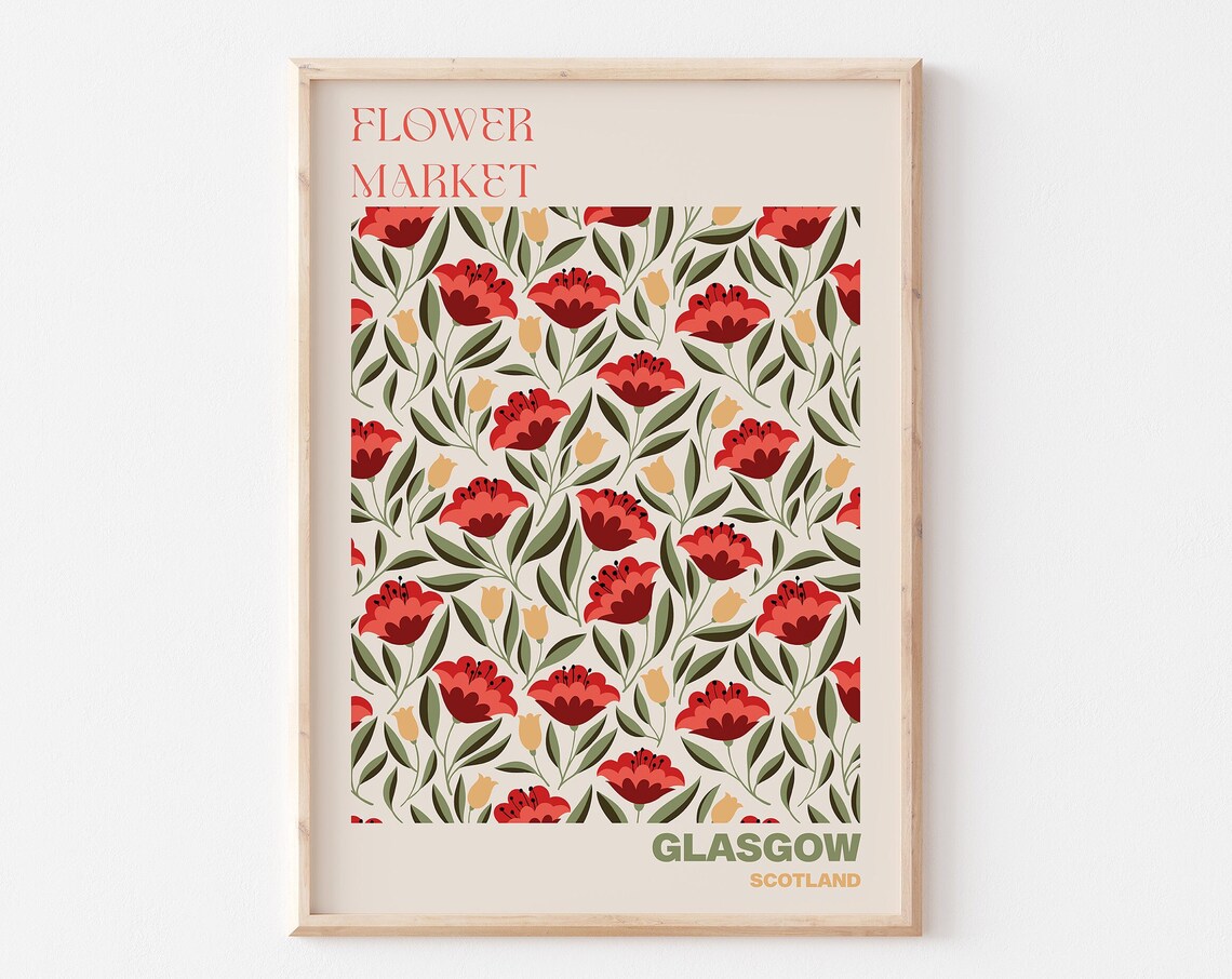 Glasgow Scotland Flower Market Red Poppy Pattern Travel Poster