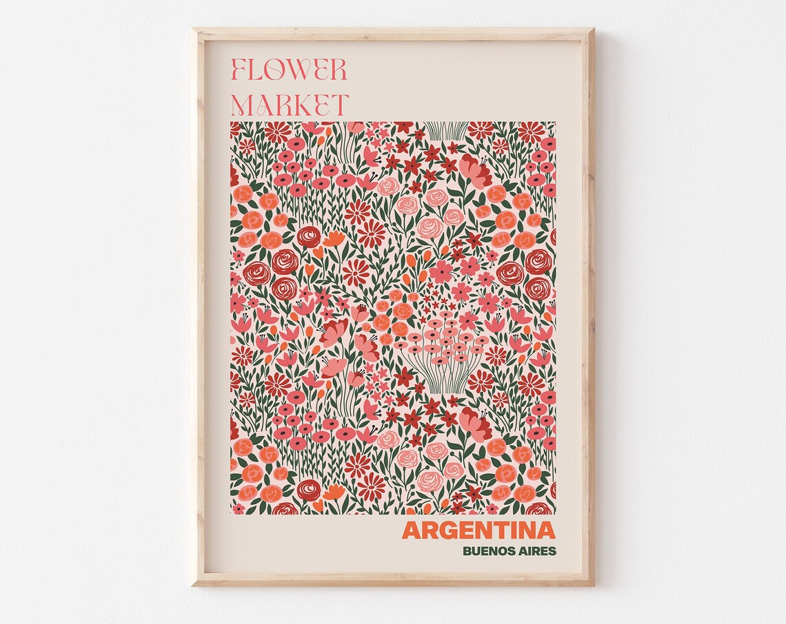Argentina Flower Market Poster Buenos Aires Red Wildflower Decor