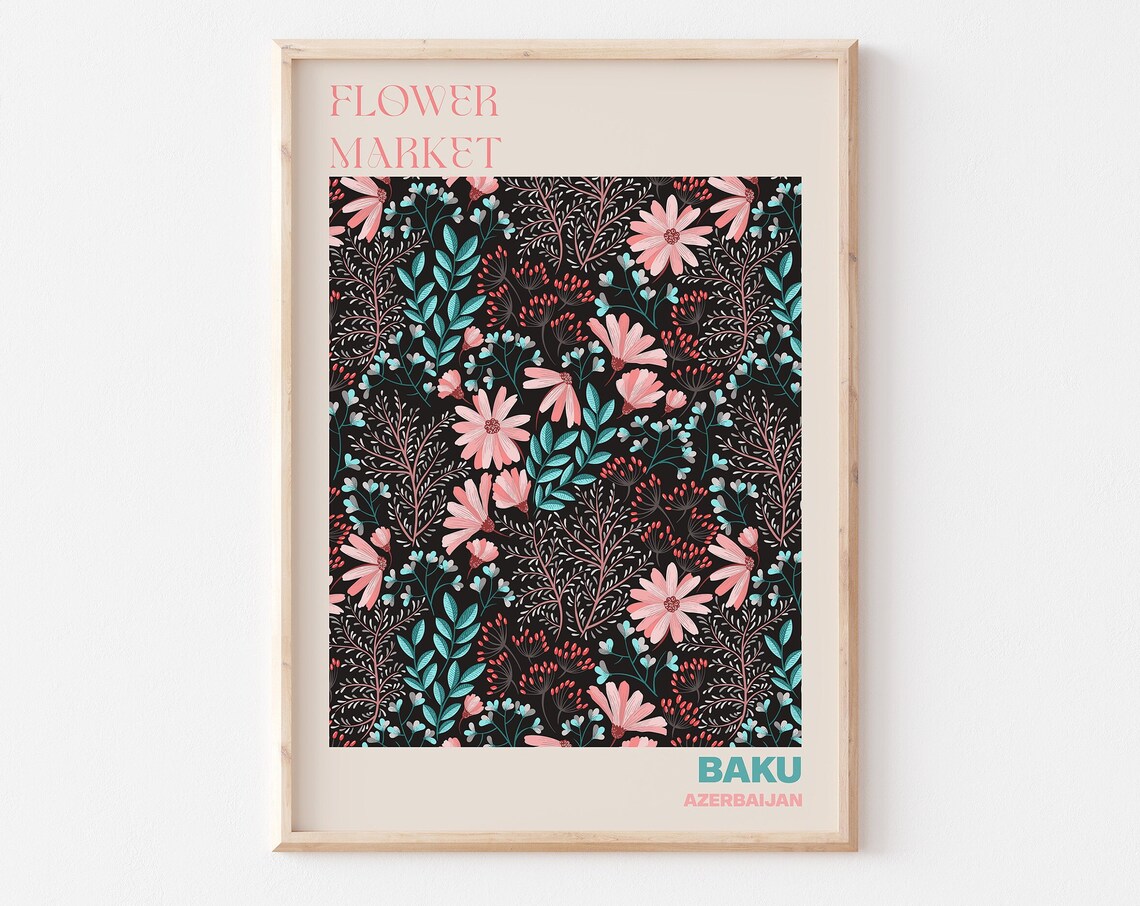 Baku Flower Market Poster Azerbaijan Charcoal Floral Artwork