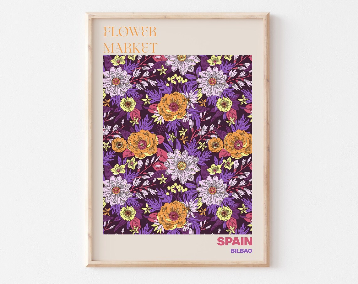 Spain Bilbao Jewel Tone Floral Dark Purple Flower Market Poster