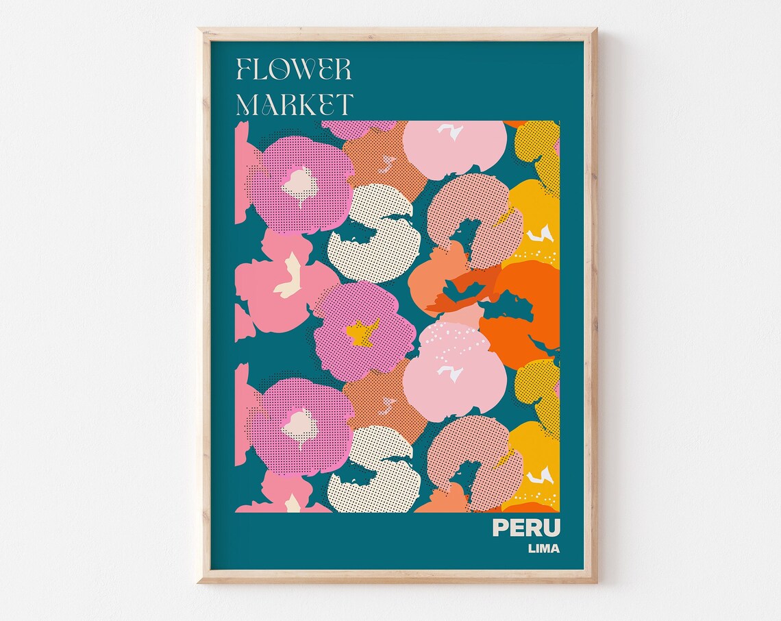 Peru Lima Flower Market Bold Retro Pop Art Pansy Teal Poster