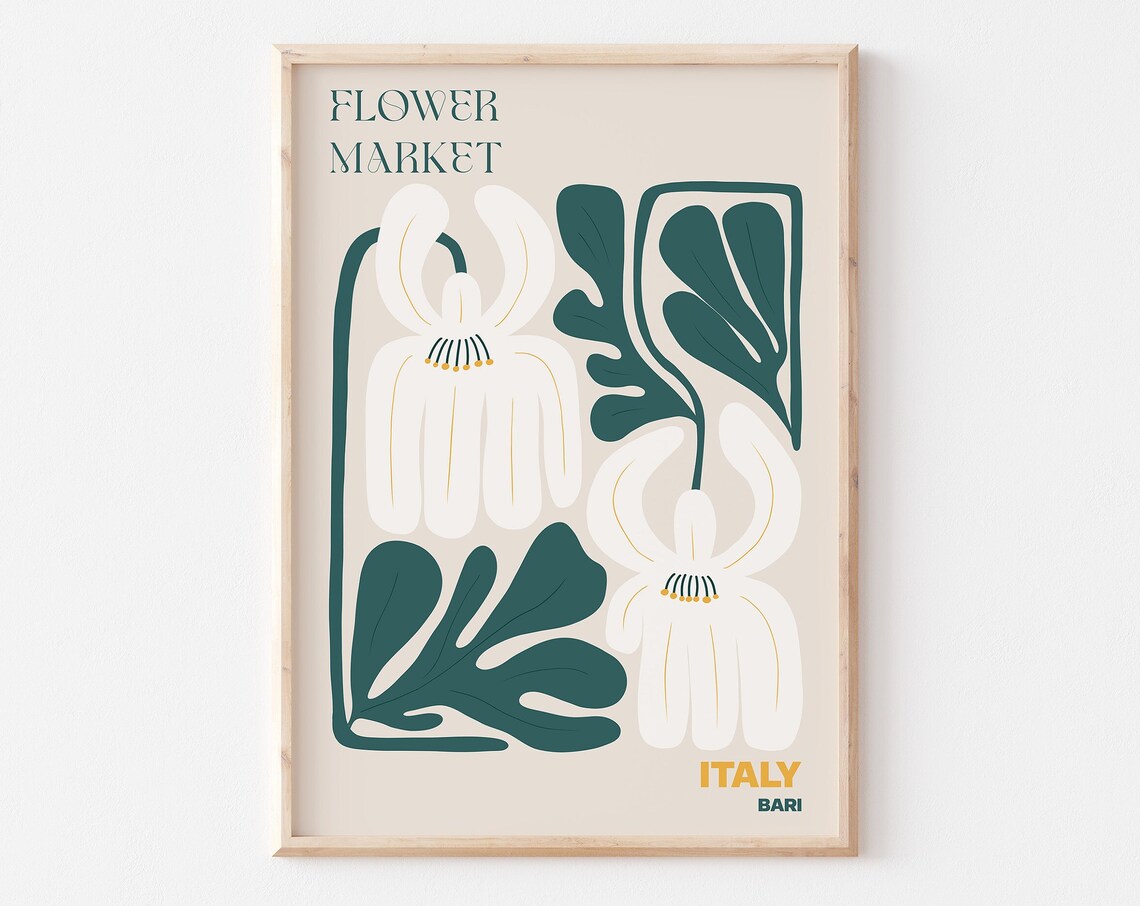 Italy Bari Elegant White Blossom Teal Leaf Flower Market Poster