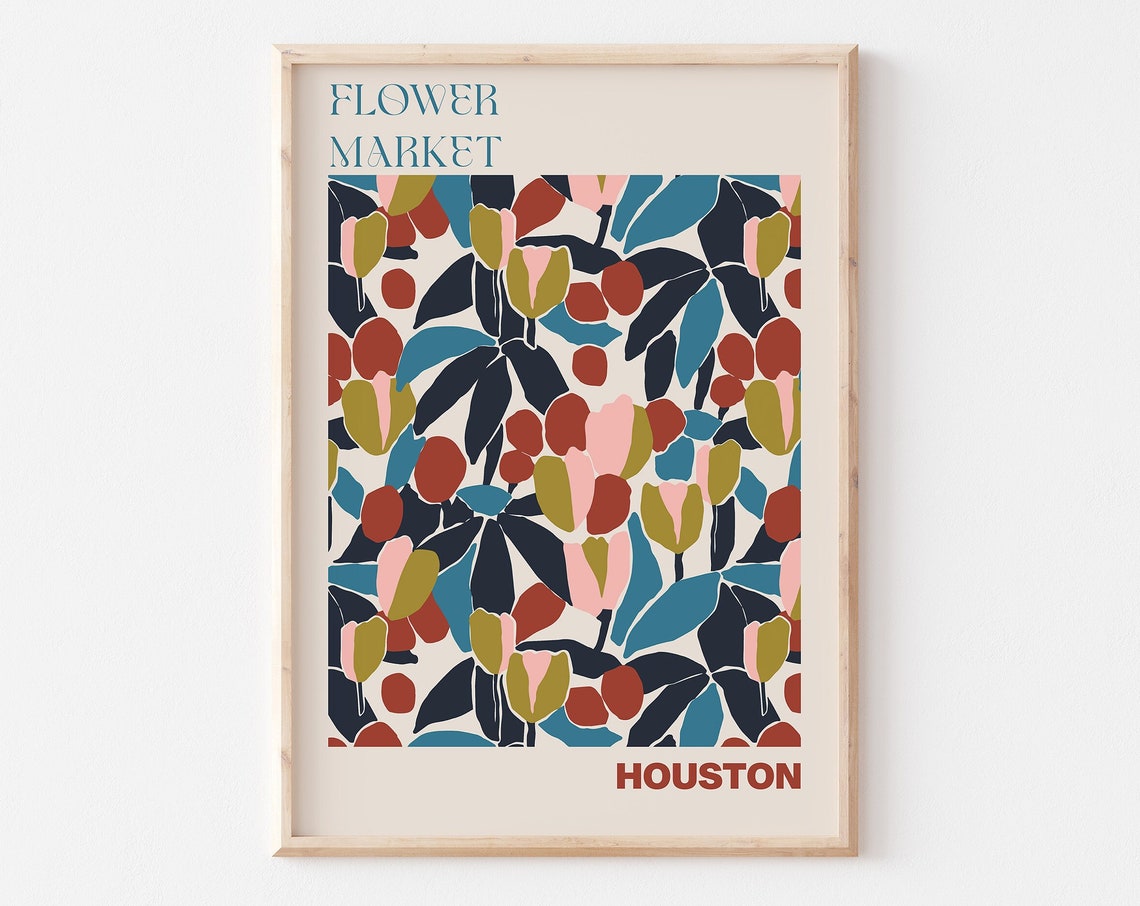Houston Flower Market Teal Tulip Bud Rust Navy Pattern Poster