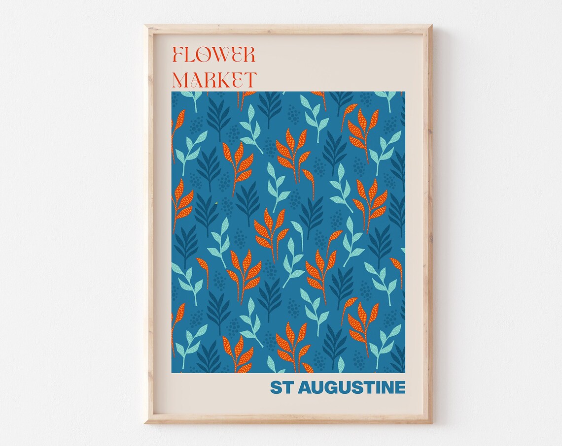 St Augustine Flower Market Poster Navy Tropical Leaf Artwork