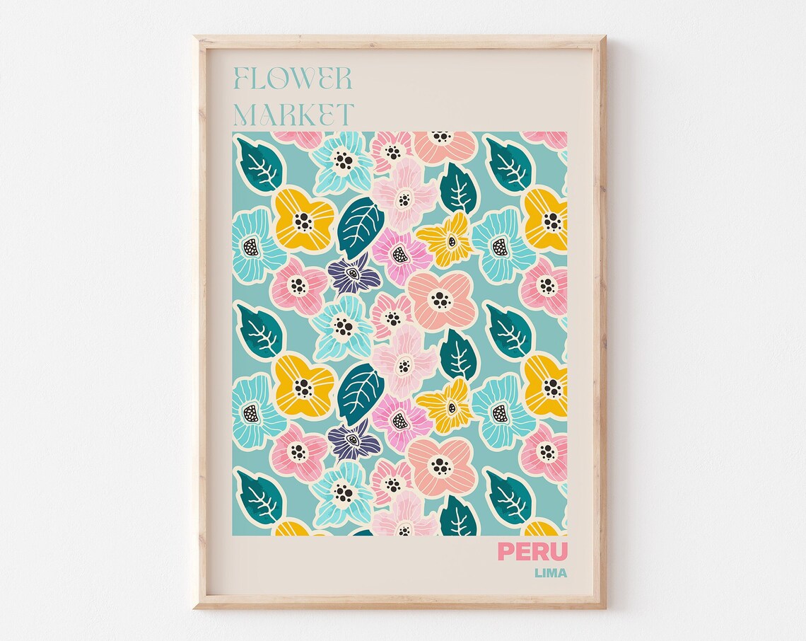 Peru Lima Cheerful Folk Art Teal Flower Market Pattern Poster