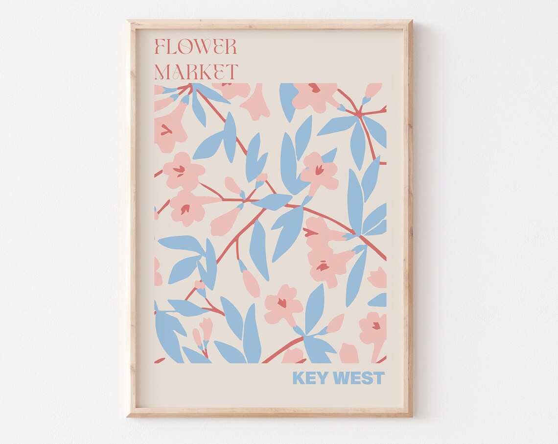 Key West Breezy Pink Blossom Blue Leaf Flower Market Art Poster