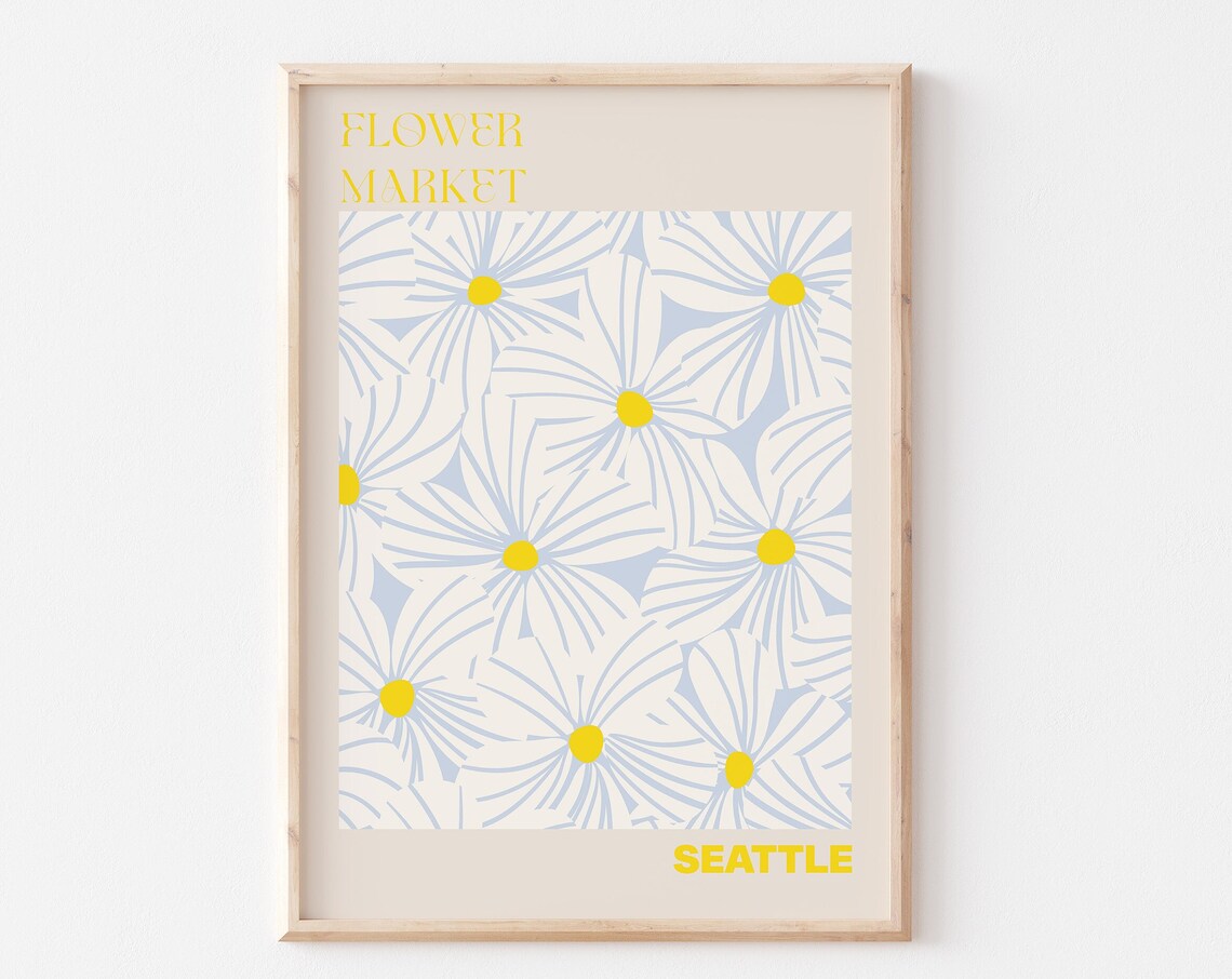 Seattle Flower Market Pale Blue Daisy Yellow Center Travel Poster