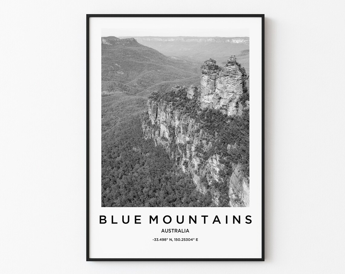 Blue Mountains Travel Poster Blue Mountains Print Blue Mountains Photo Print Black And White Photography Monochrome Travel Photography