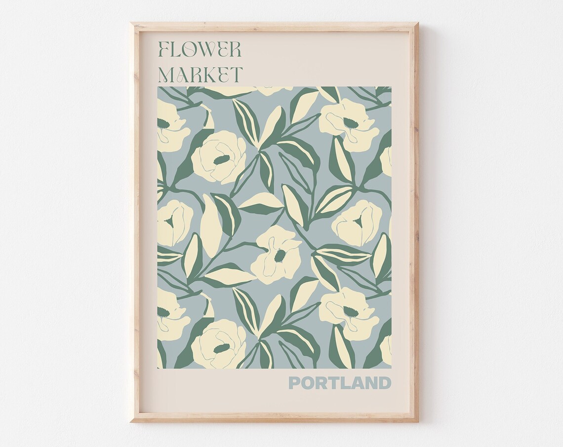 Portland Calm Cream Magnolia Dusty Blue Flower Market Poster
