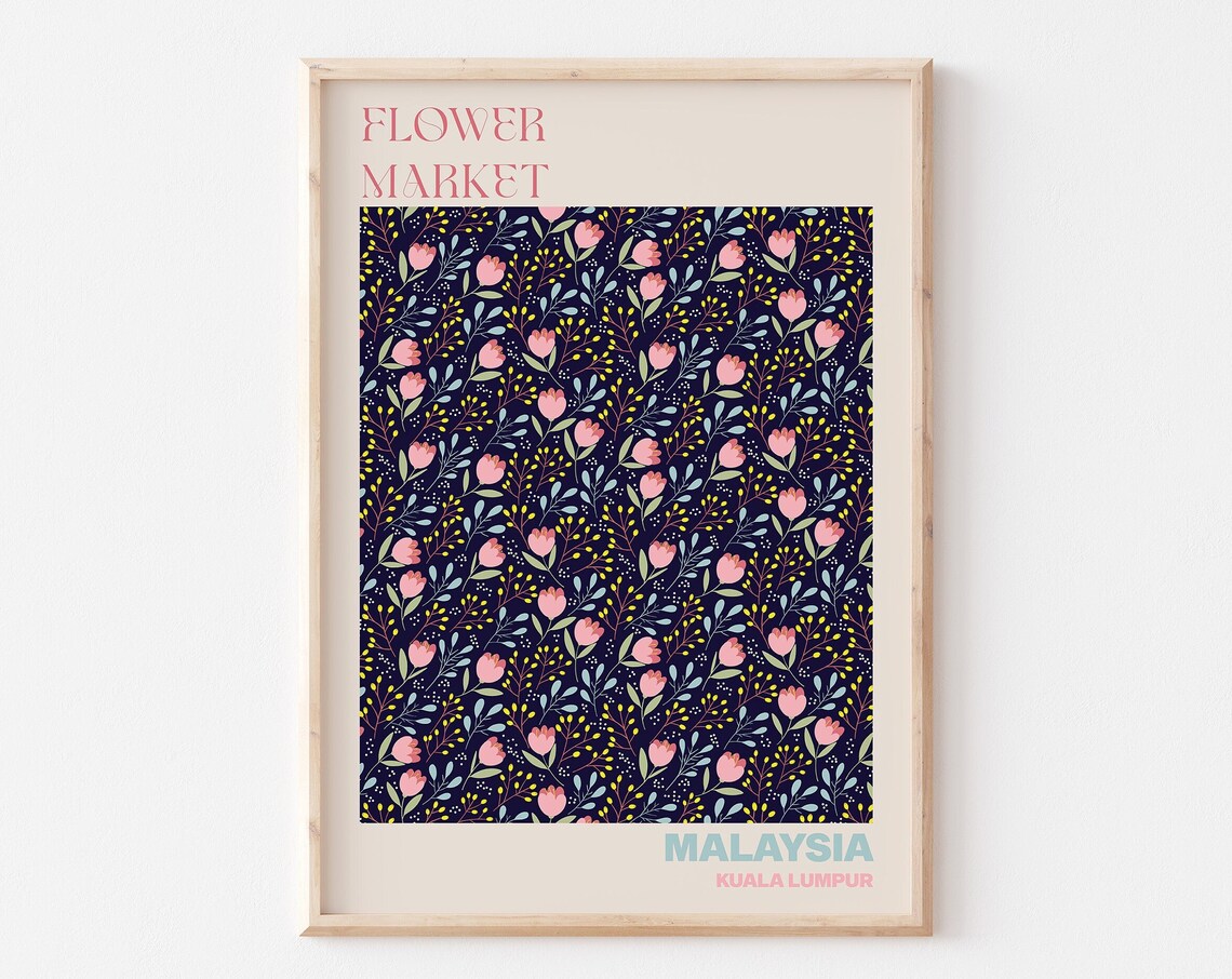 Malaysia Kuala Lumpur Flower Market Pink Bud Night Art Poster