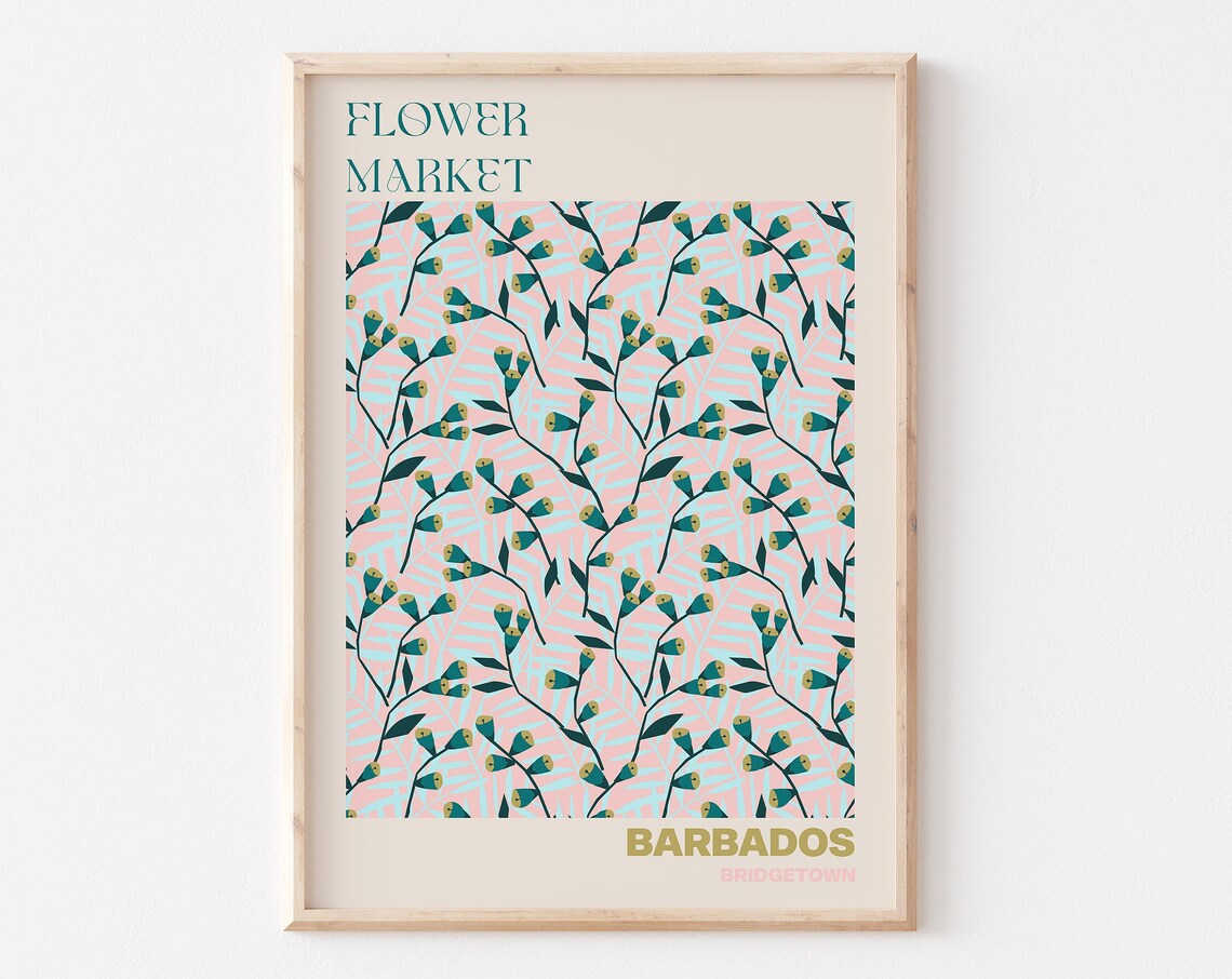 Barbados Bridgetown Tropical Pink Teal Leaf Flower Market Poster