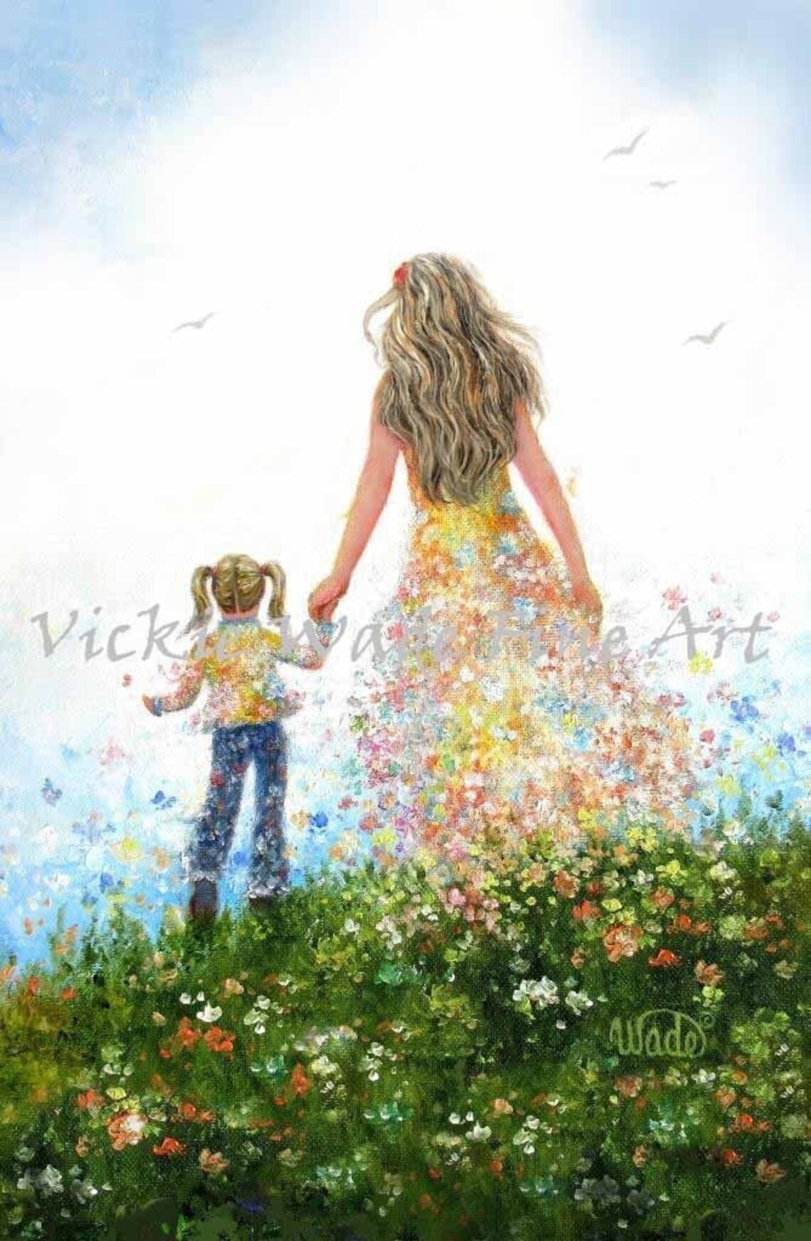 Mother and Daughter Walking Hand in Hand Through Flowers Poster