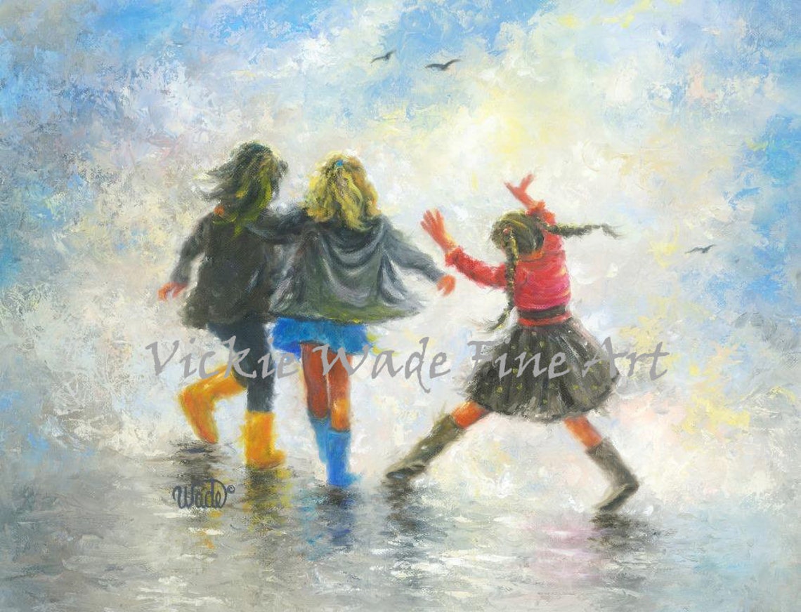 Three Little Girls Dancing and Splashing in Puddles Rain Boots Poster