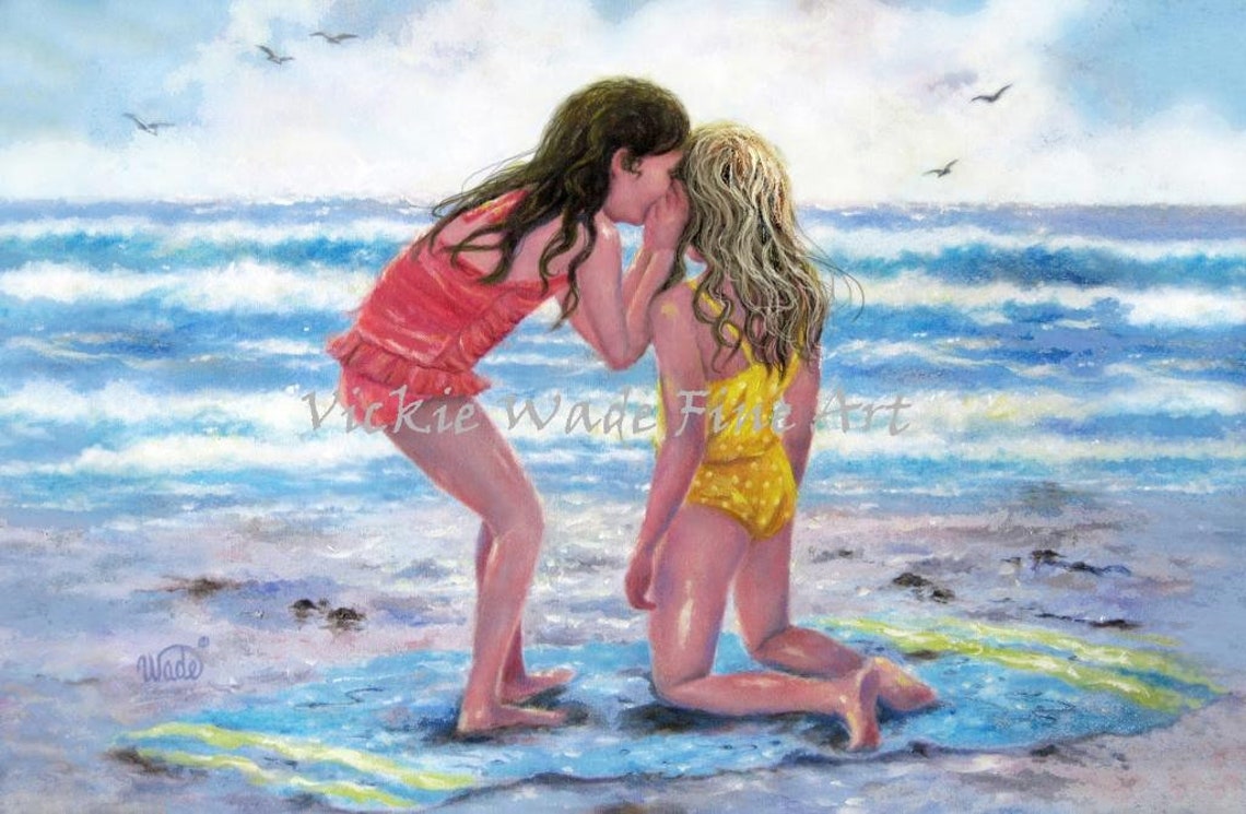 Two Sisters Whispering Secrets To Each Other At The Beach Poster