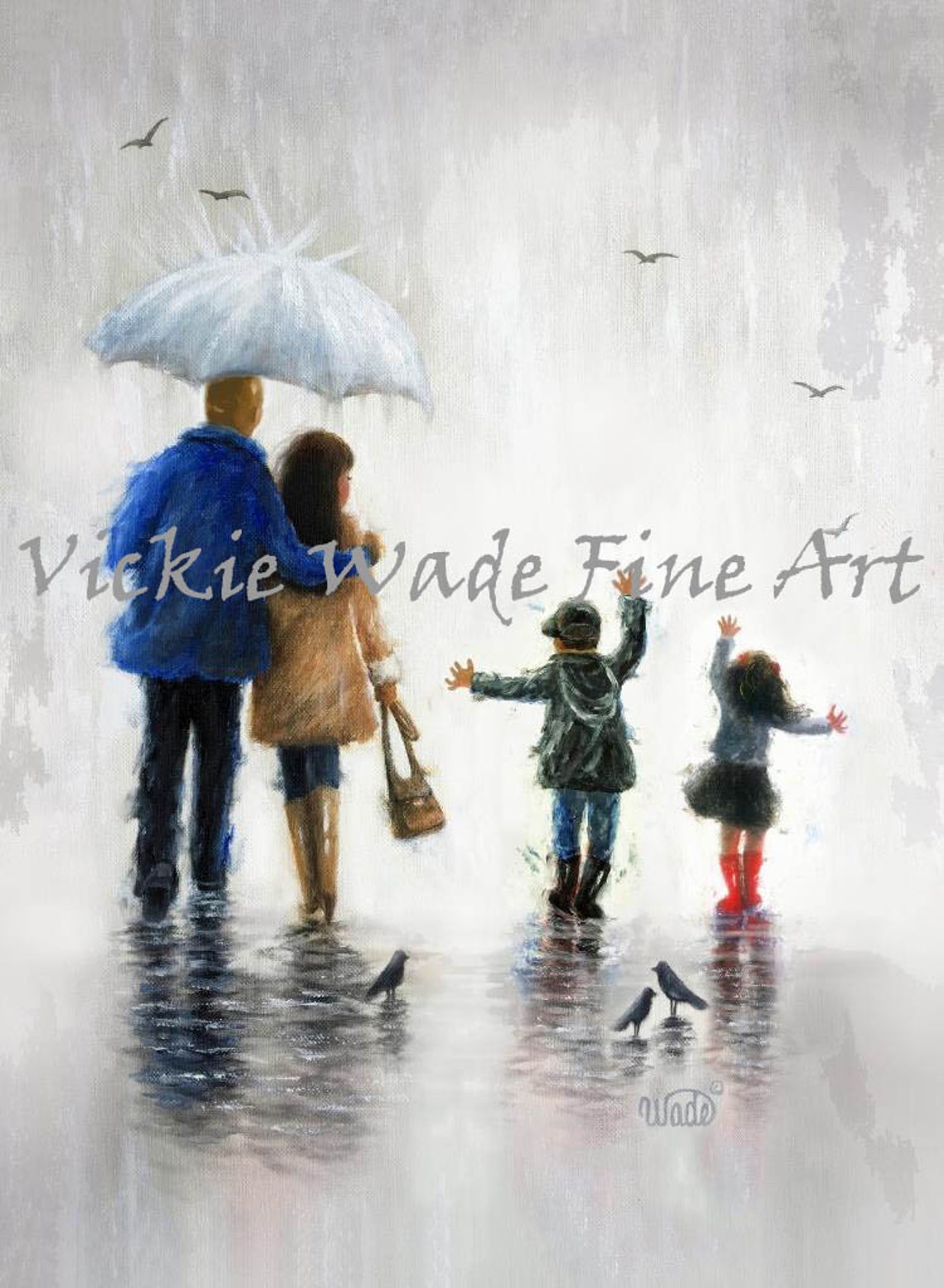 Father Mother Son Daughter Art Print Rain Family Bald Dad Brother Sister Dad Mom Big Brother Little Sister Wall Art Vickie Wade Art
