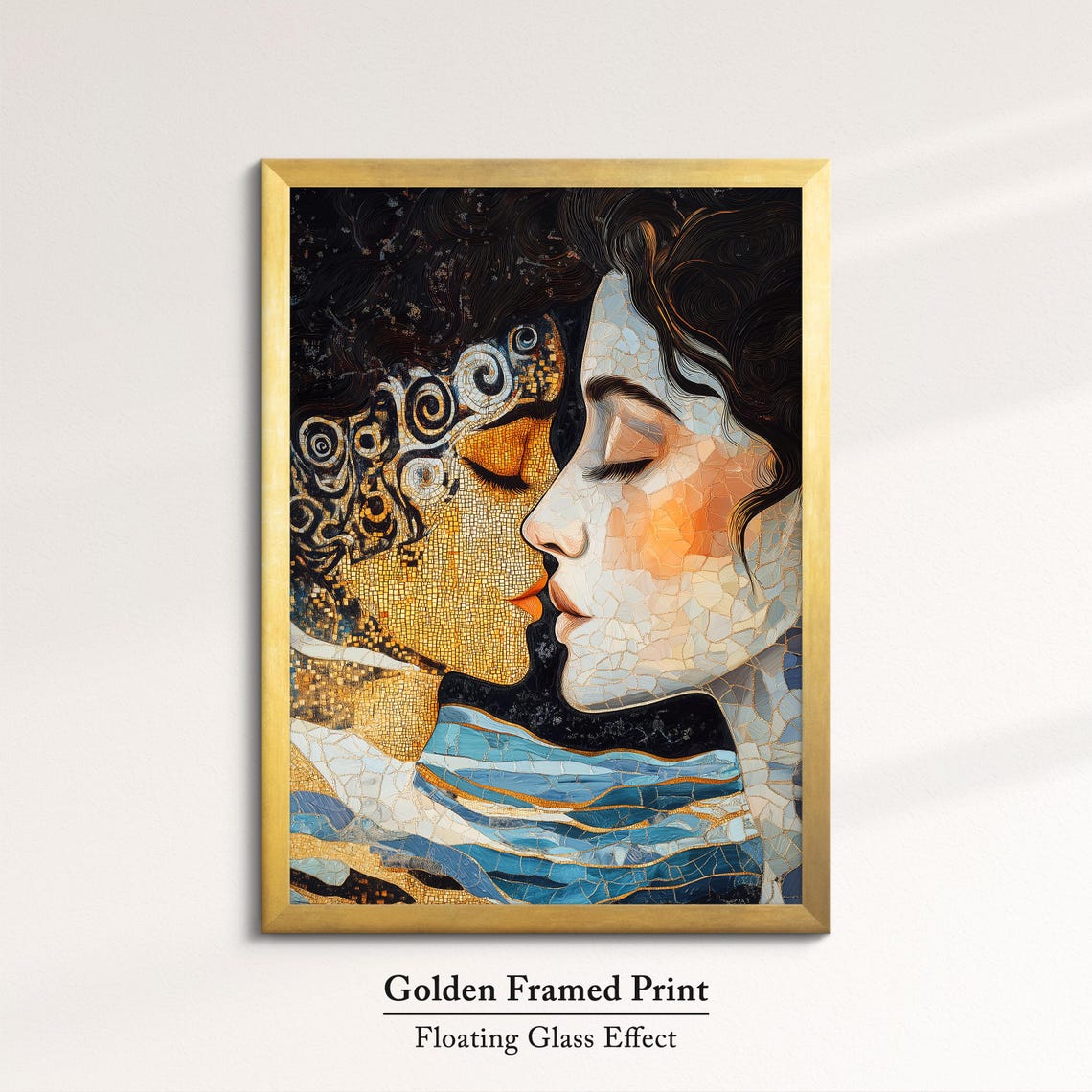 Golden Mosaic Couple Faces Art Nouveau Romantic Embrace Wall Art Print - Image 5