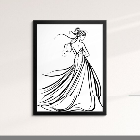 Woman Wedding Dress Line Art Drawing Elegant Flowing Gown Minimalist Wall Art Poster