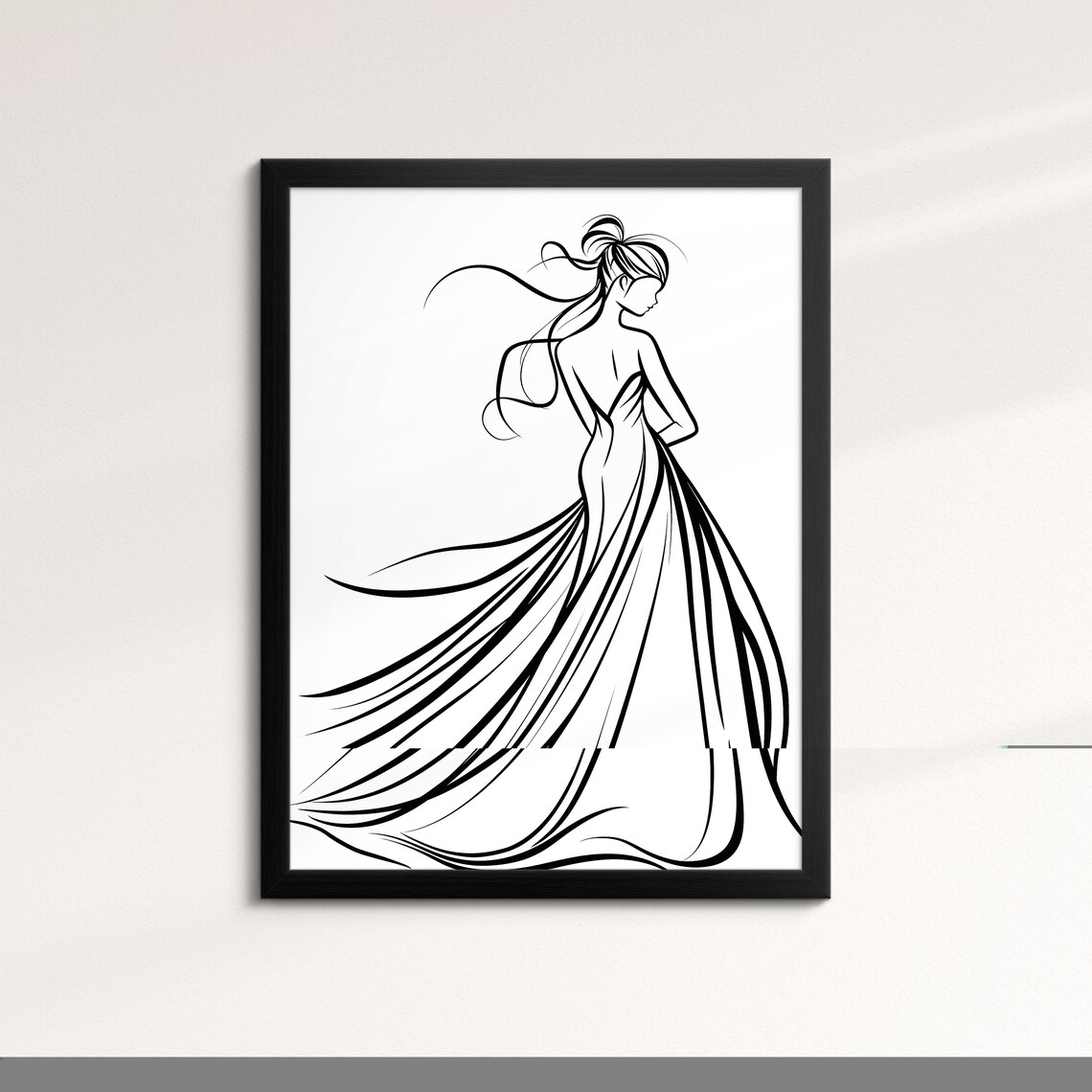 Woman Wedding Dress Line Art Drawing Elegant Flowing Gown Minimalist Wall Art Poster