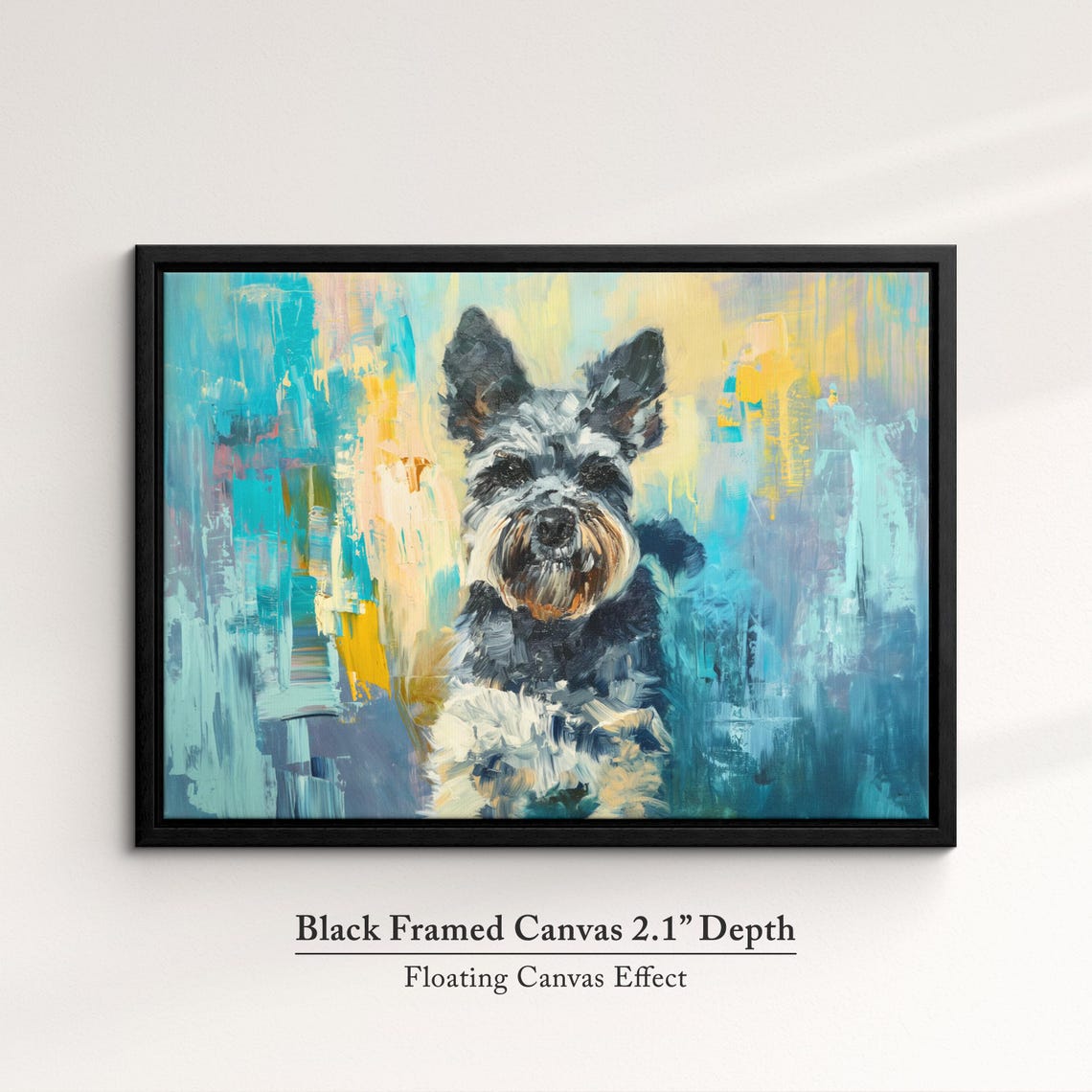 Schnauzer Sitting Portrait Teal Yellow Abstract Background Dog Poster - Image 2