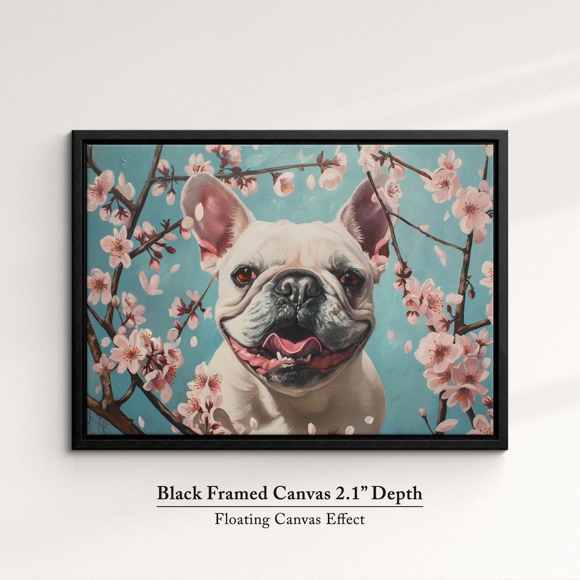 Cheerful White French Bulldog In Cherry Blossoms Teal Sky Dog Poster - Image 2