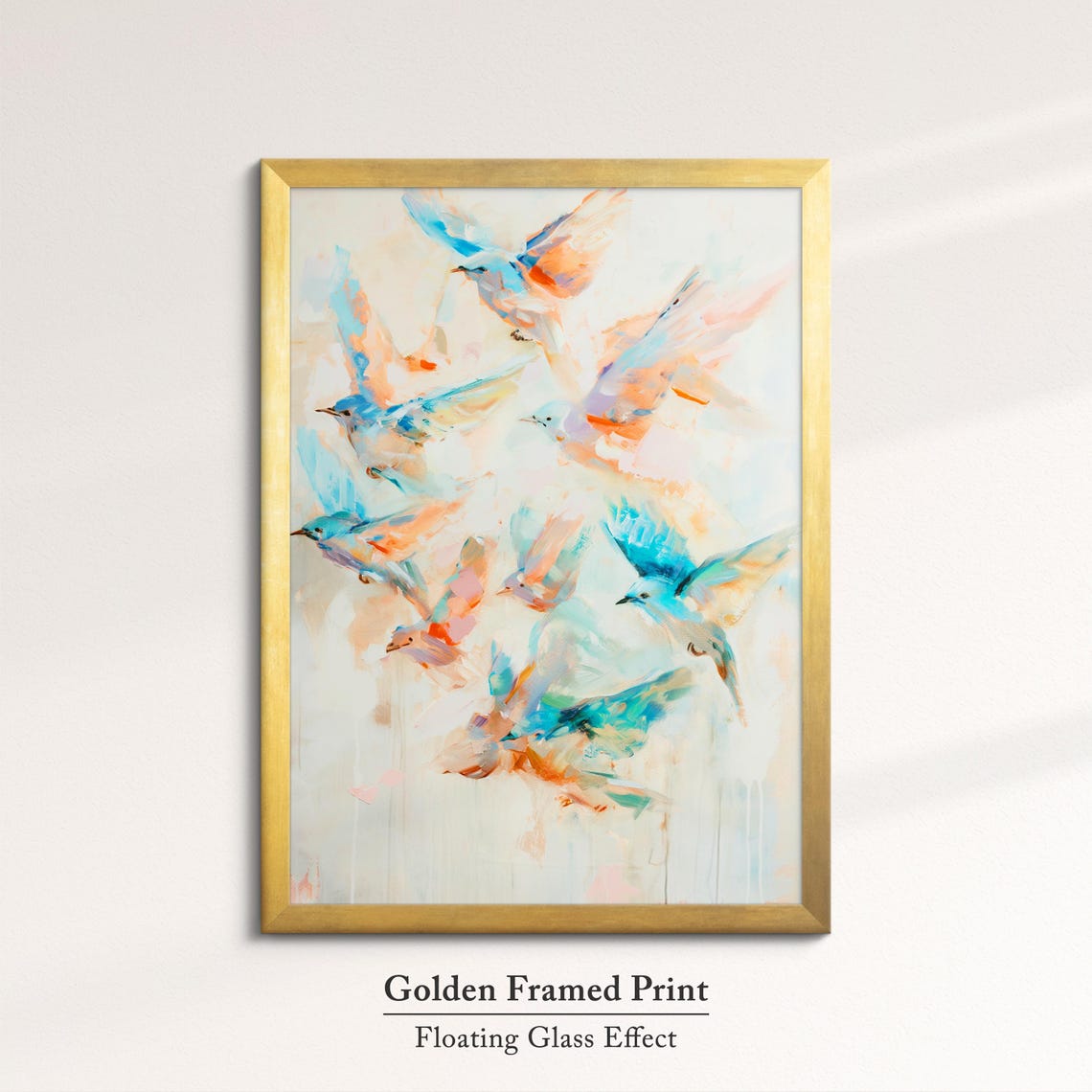 Colorful Birds In Flight Blue Orange Watercolor Flock Wall Art Poster - Image 5