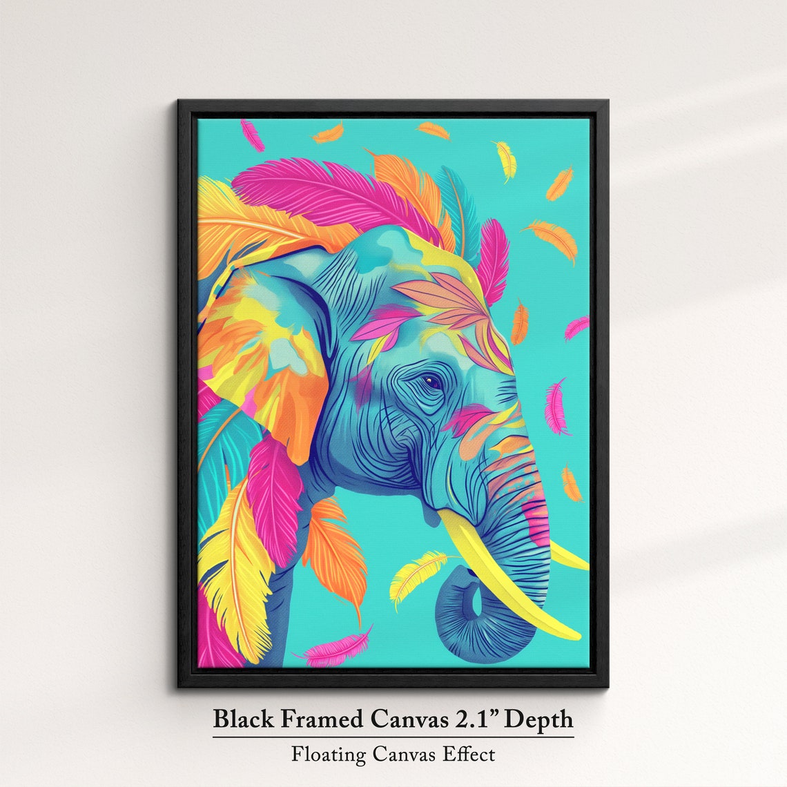Elephant Head Portrait With Rainbow Feathers Turquoise Art Poster - Image 2