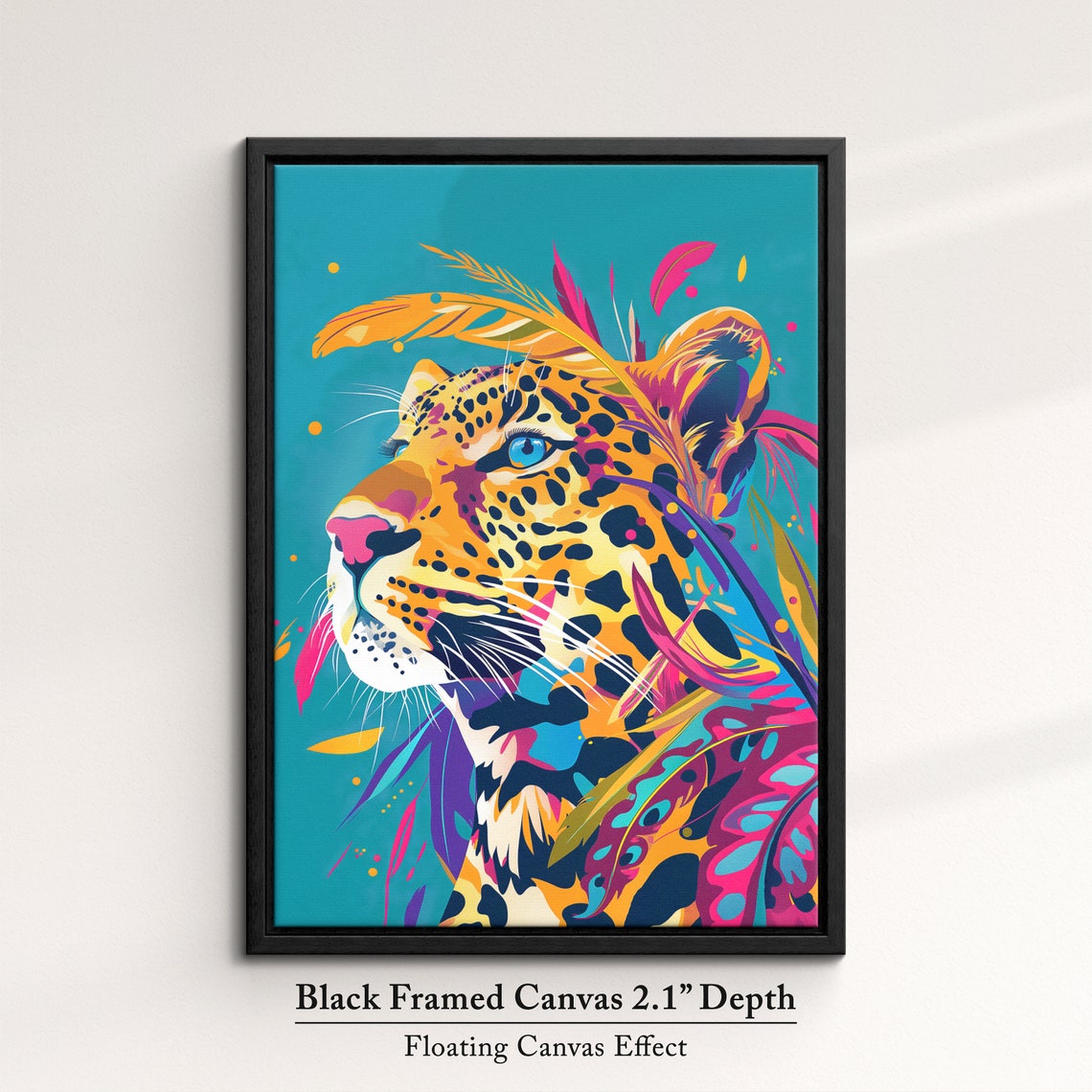 Leopard Side Profile With Feathers Teal Background Wildlife Poster - Image 2