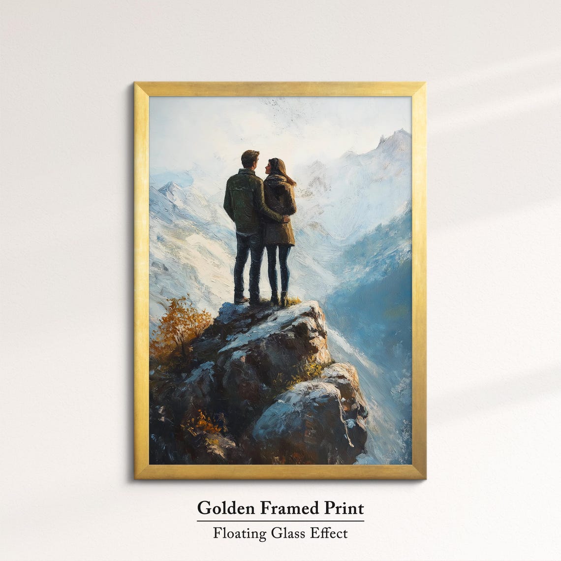 Couple Embracing On Snowy Mountain Summit Winter Romance Art Print - Image 5