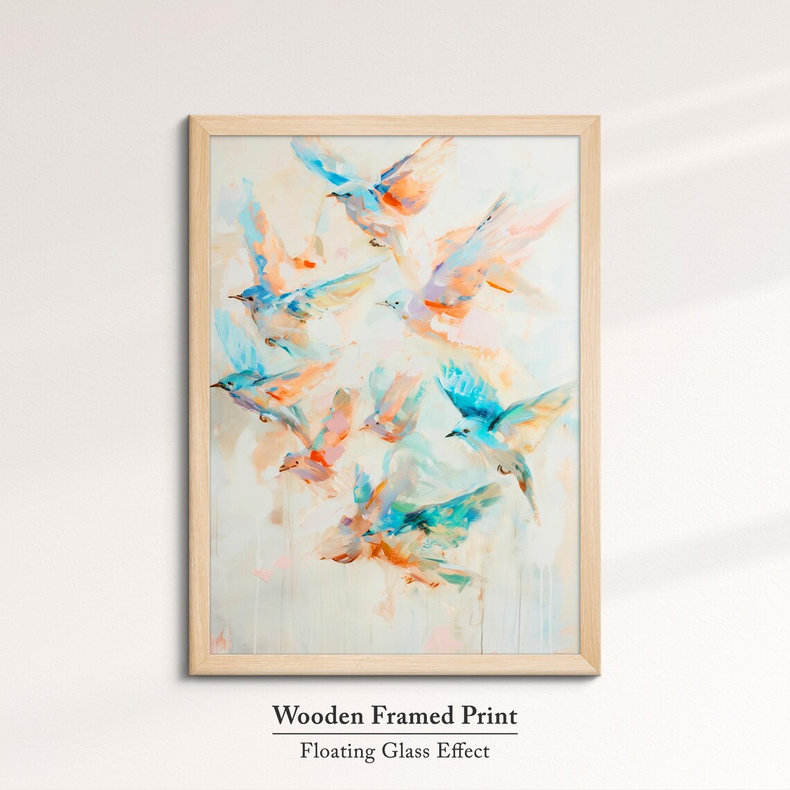 Colorful Birds In Flight Blue Orange Watercolor Flock Wall Art Poster - Image 6