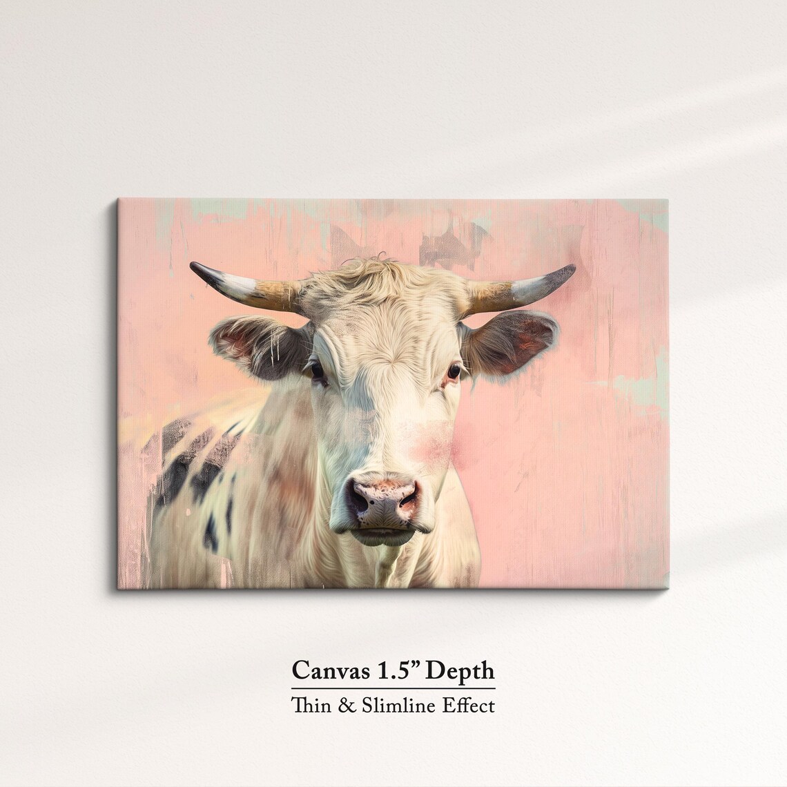 White Horned Cow Pink Pastel Farm Animal Portrait Painting Art Poster - Image 3