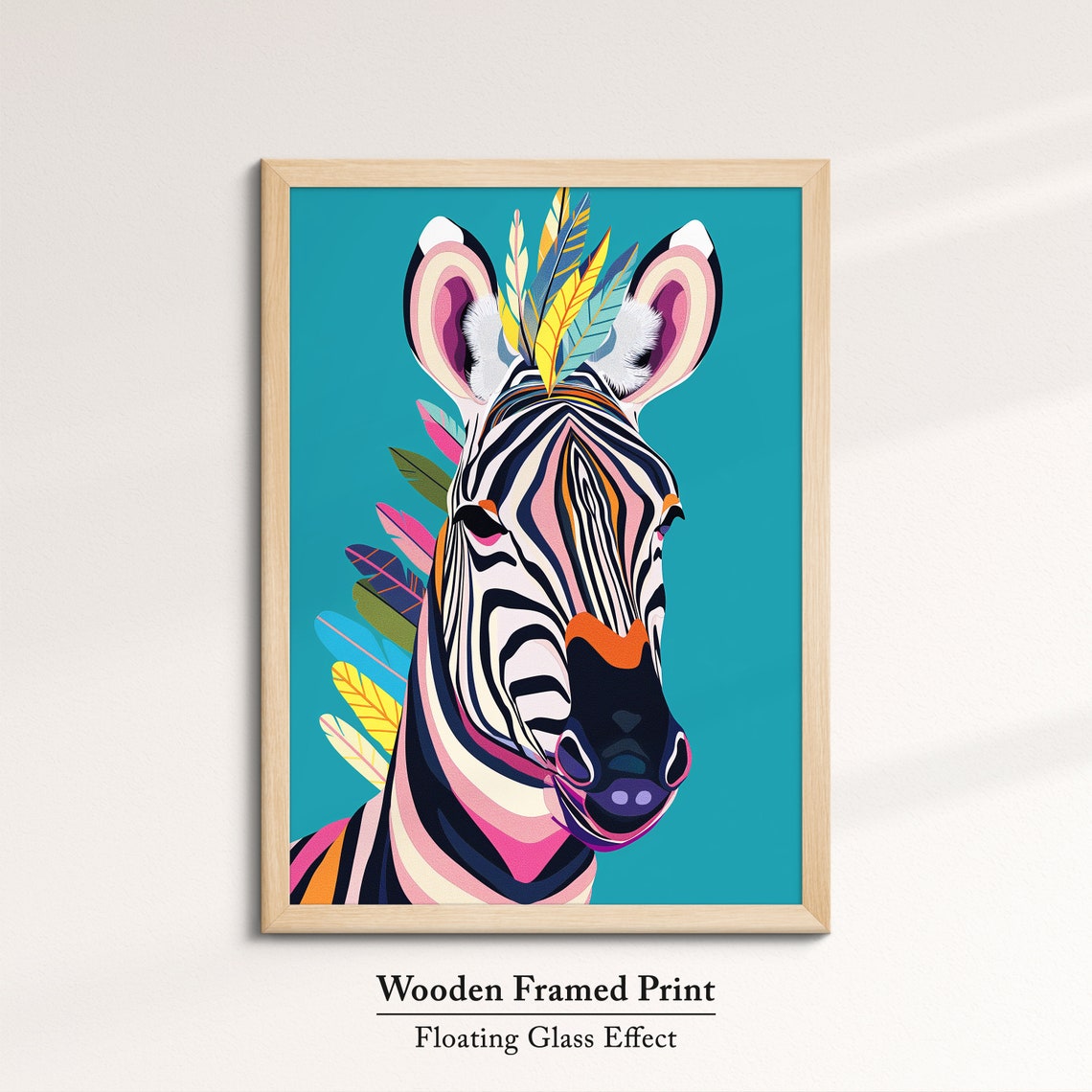 Zebra Head Portrait With Colorful Feathers Teal Background Art Poster - Image 6