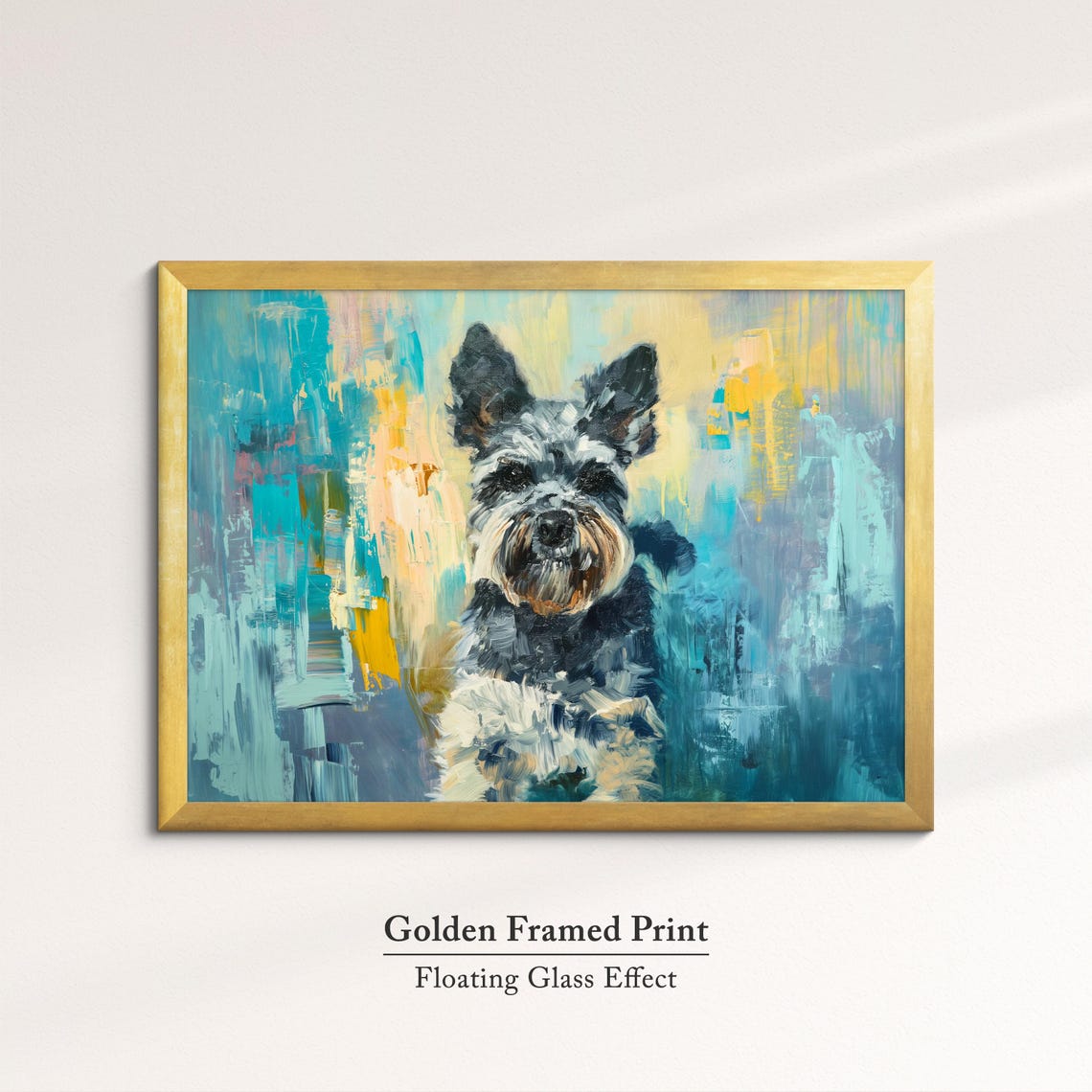 Schnauzer Sitting Portrait Teal Yellow Abstract Background Dog Poster - Image 5
