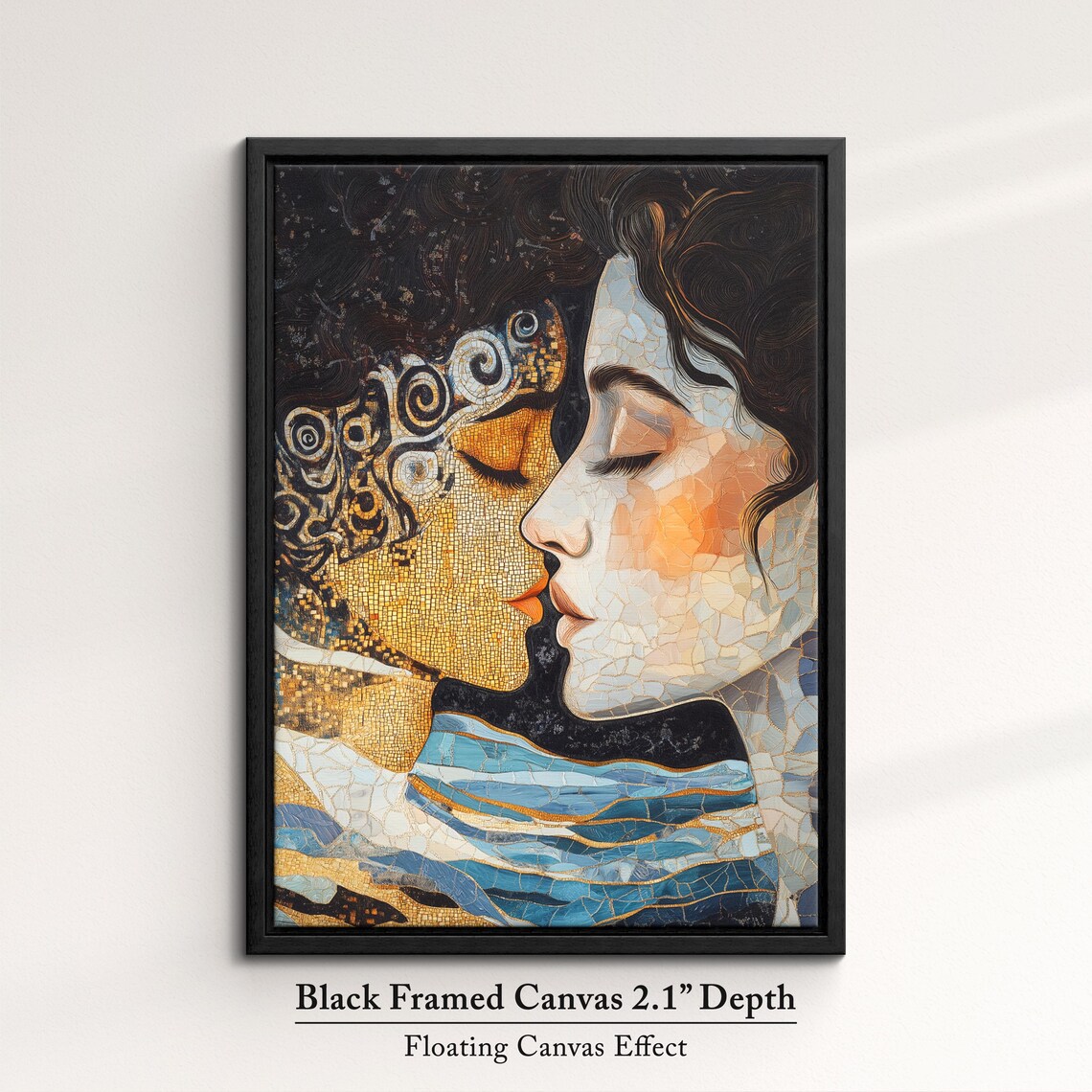 Golden Mosaic Couple Faces Art Nouveau Romantic Embrace Wall Art Print - Image 2