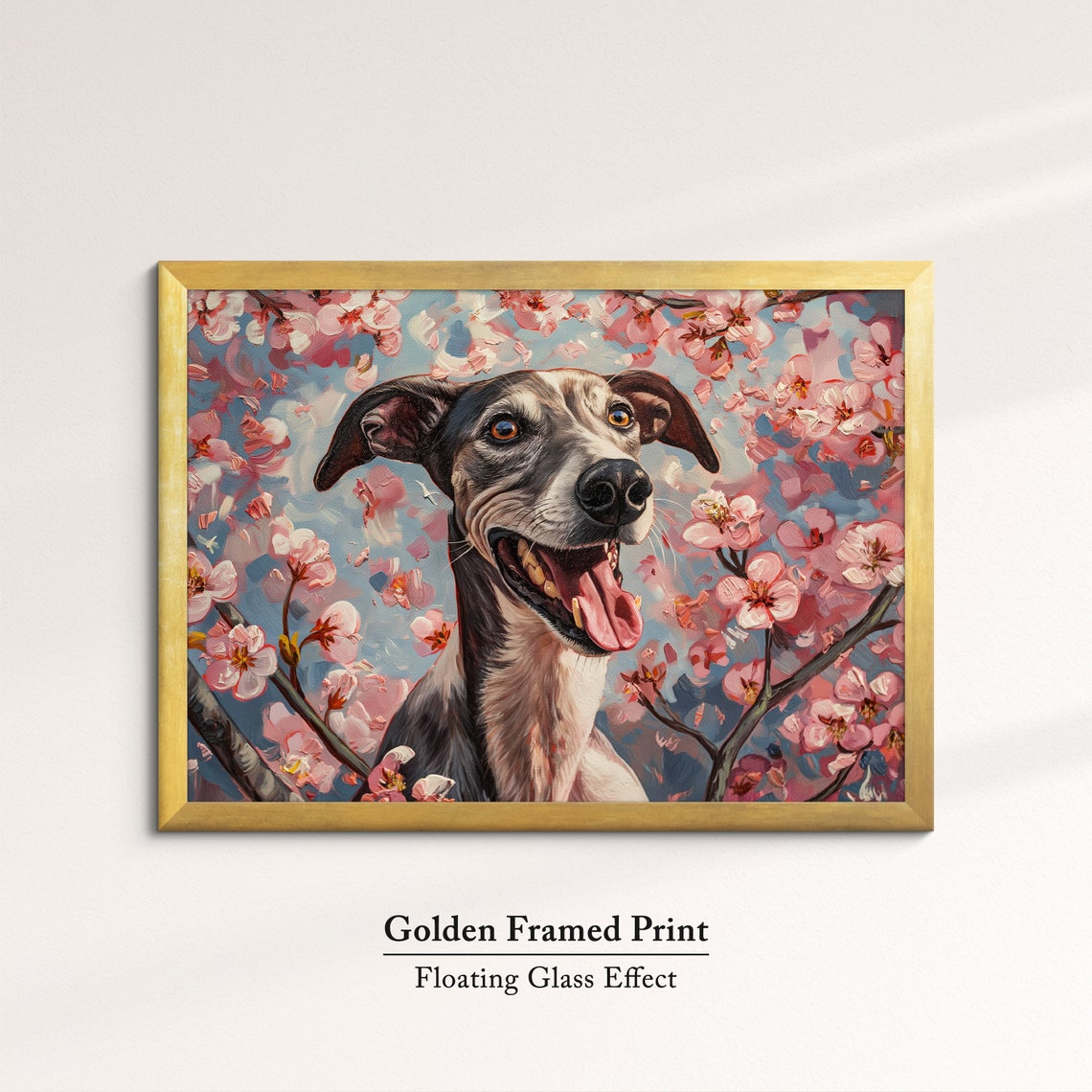 Black Greyhound Smiling In Pink Blossoms Bold Modern Pet Art Poster - Image 5