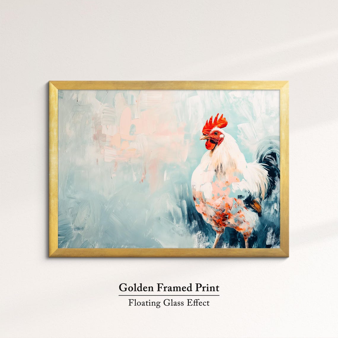 White Rooster Soft Pastel Blue Abstract Standing Farm Bird Art Poster - Image 5