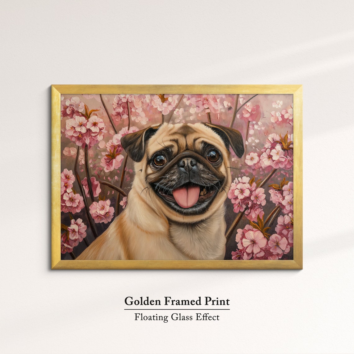 Happy Pug Grinning With Tongue Out In Pink Cherry Blossoms Art Poster - Image 5