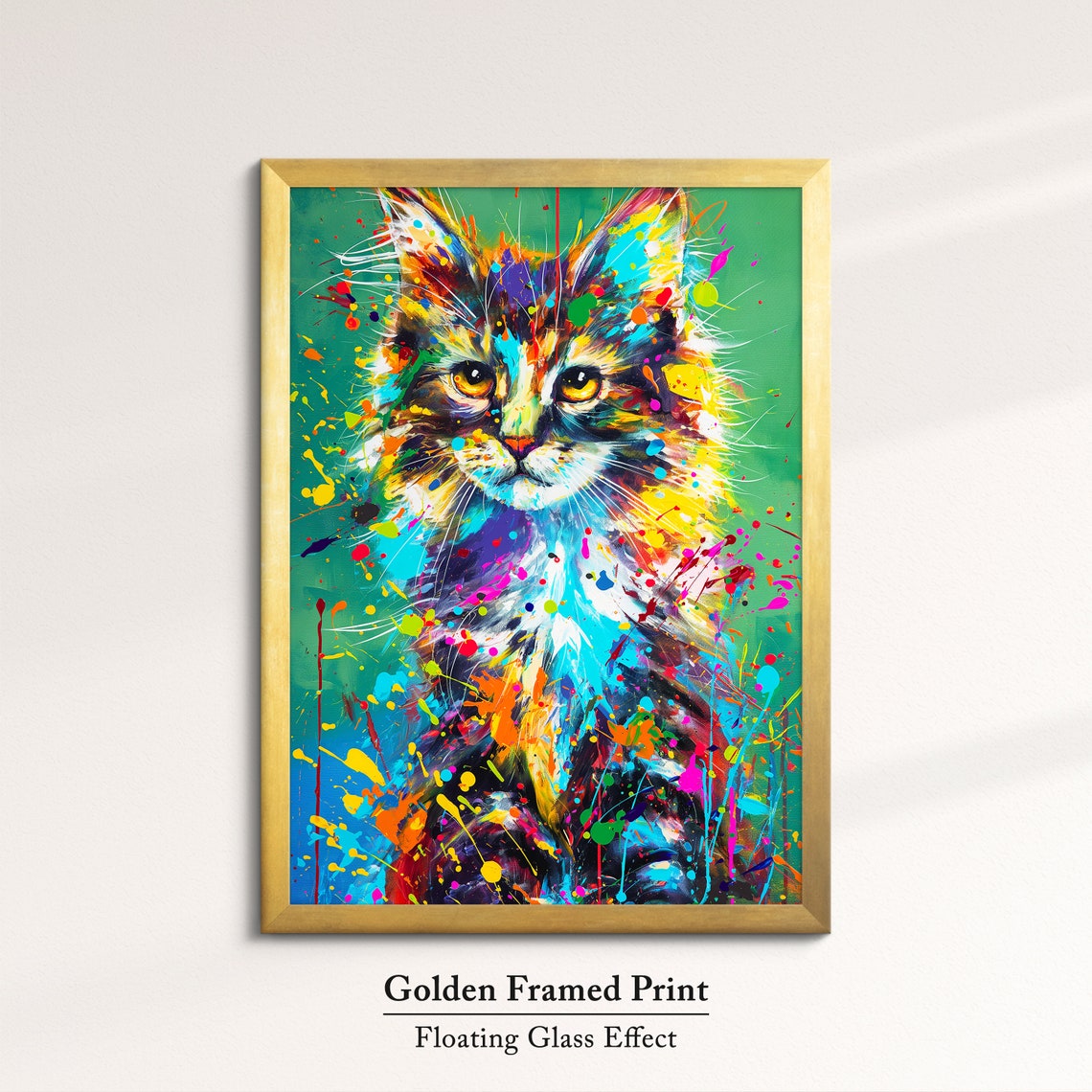 Colorful Paint Splatter Longhair Cat Portrait Teal Art Poster - Image 5