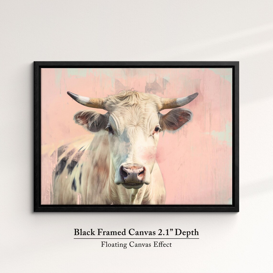 White Horned Cow Pink Pastel Farm Animal Portrait Painting Art Poster - Image 2