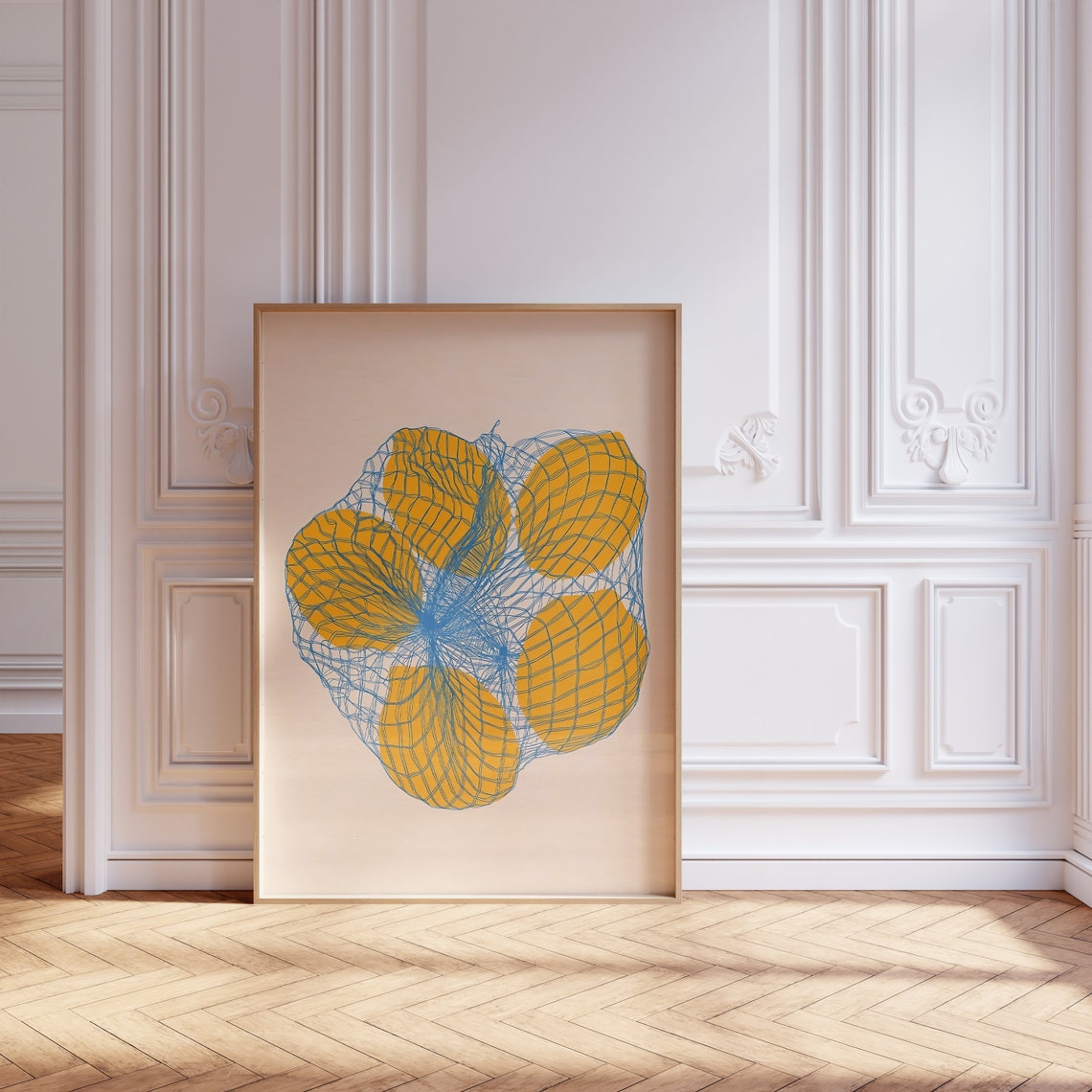 Lemons In A Net Bag Minimalist Modern Kitchen Fruit Art Print