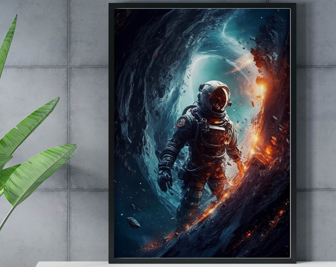 Astronaut in Cosmic Vortex Wormhole Blue Fire Space Swirl Poster